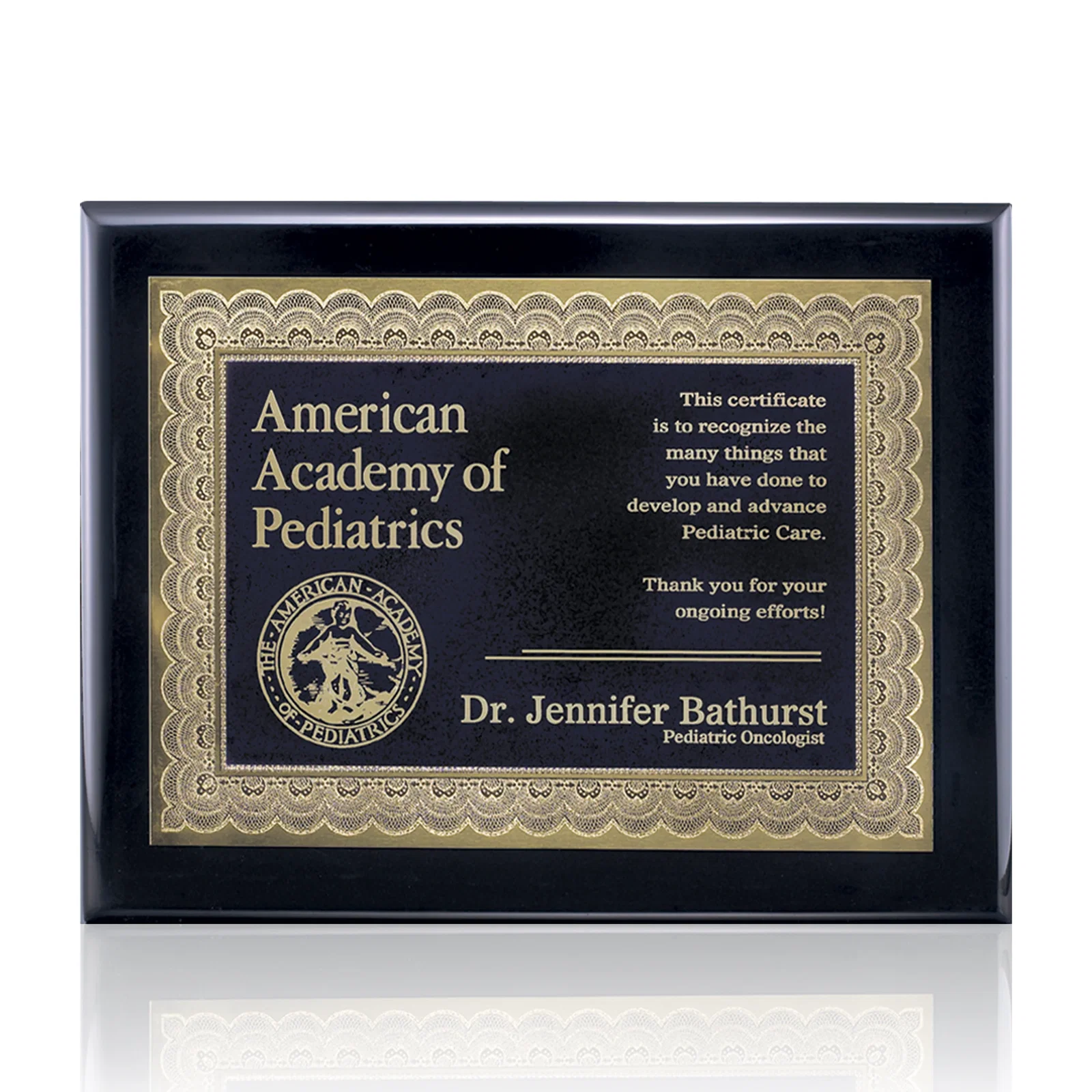 Custom Ornate Brass-Bordered Certificate Plaque on Wood for service anniversary gifts