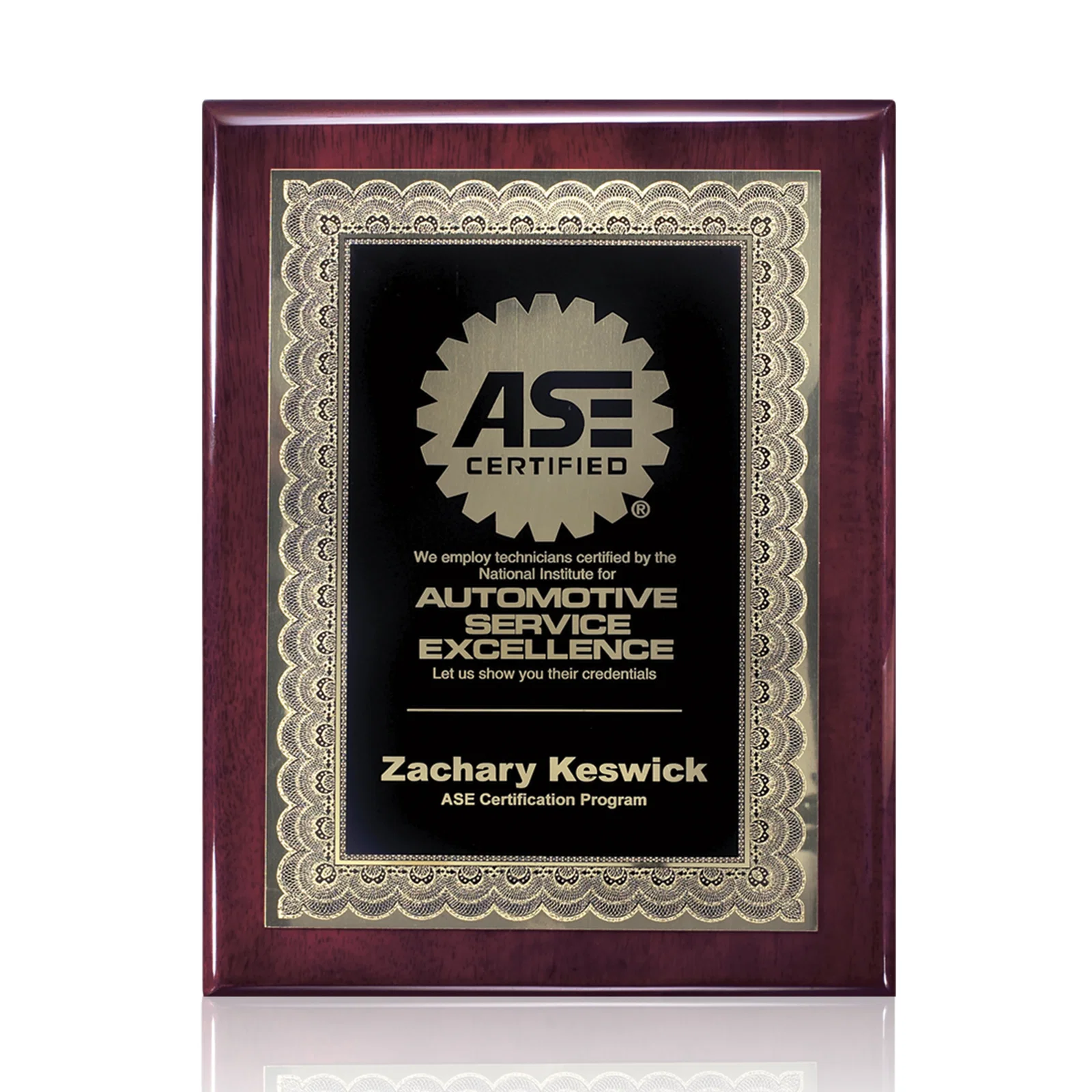 Custom Ornate Brass-Bordered Certificate Plaque on Wood for retirement presentations