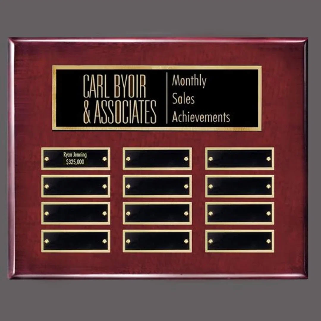 Custom Piano Finish Perpetual Plaque With Wide Shallow Header Plate for employee recognition