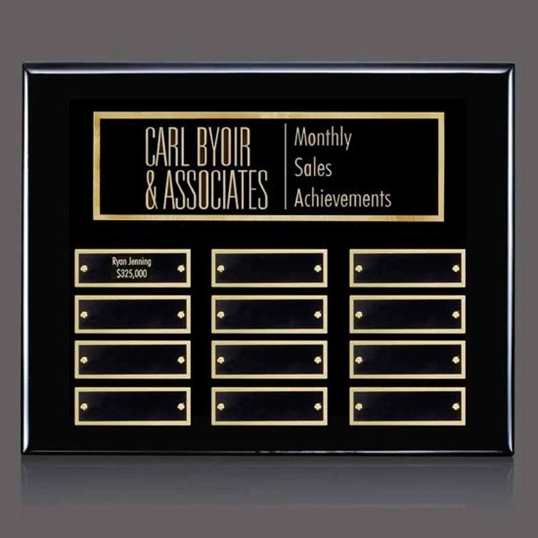 Custom Piano Finish Perpetual Plaque With Wide Shallow Header Plate for company anniversary events
