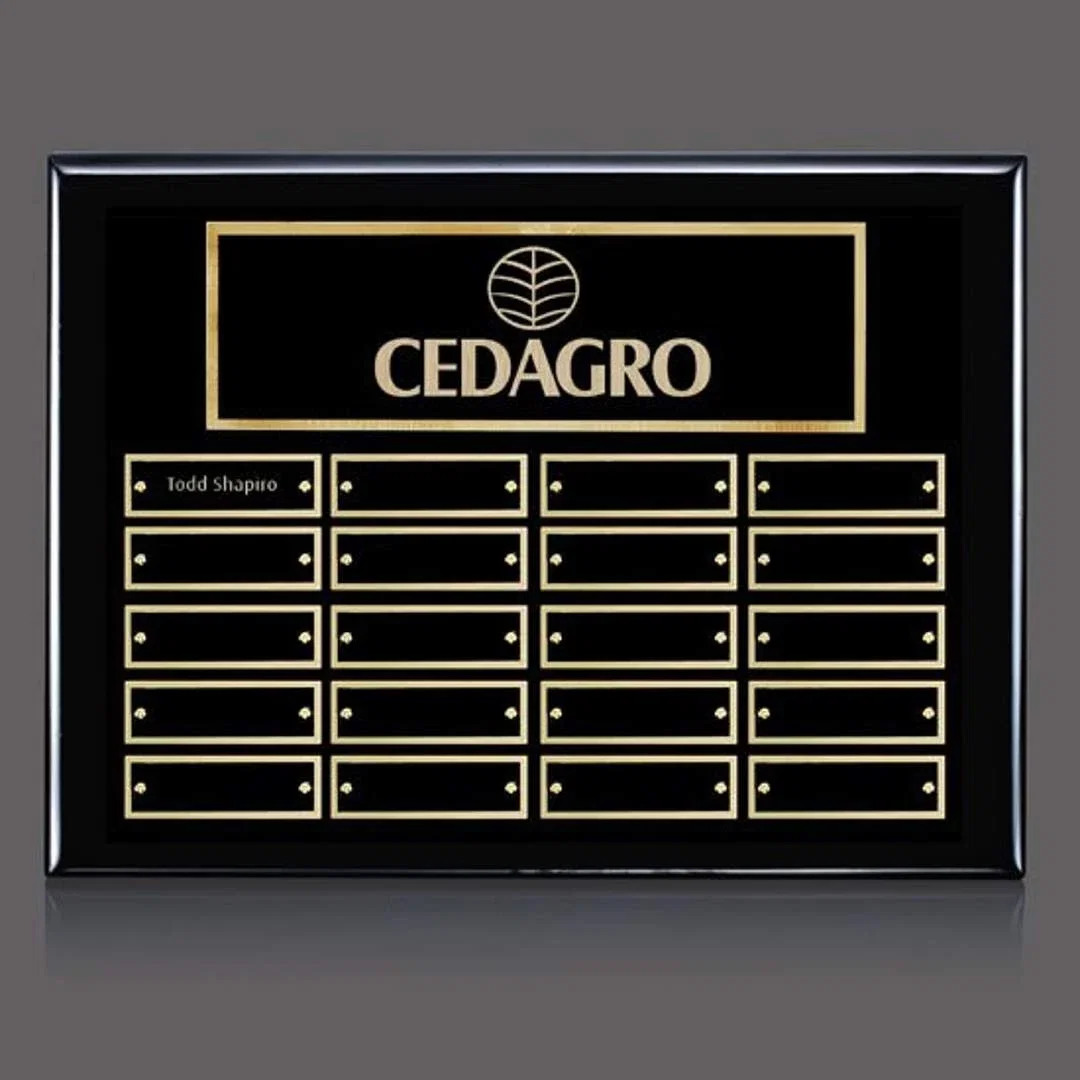 Personalized Piano Finish Perpetual Plaque With Wide Shallow Header Plate for employee recognition