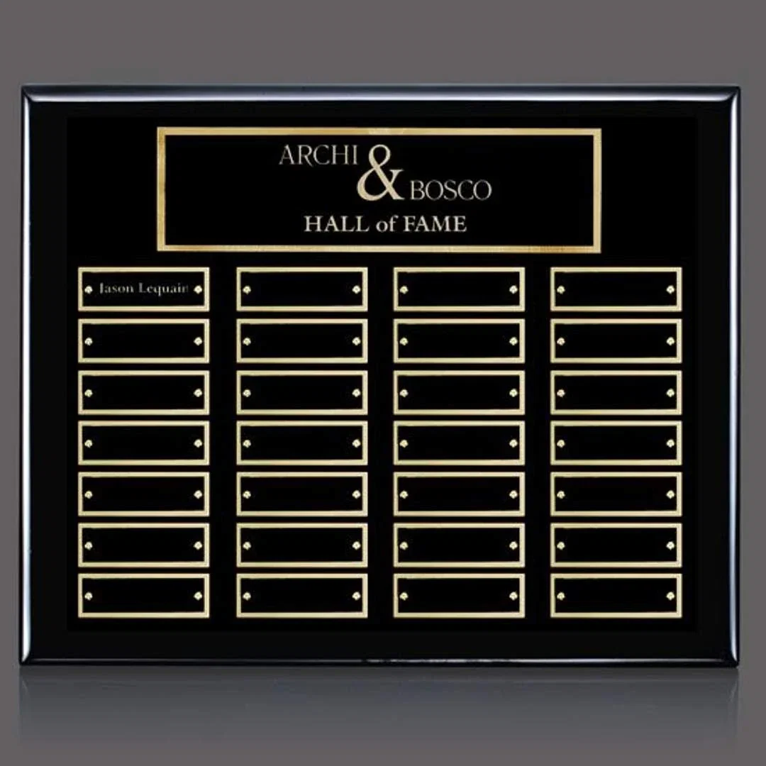 Personalized Piano Finish Perpetual Plaque With Wide Shallow Header Plate for corporate award ceremonies