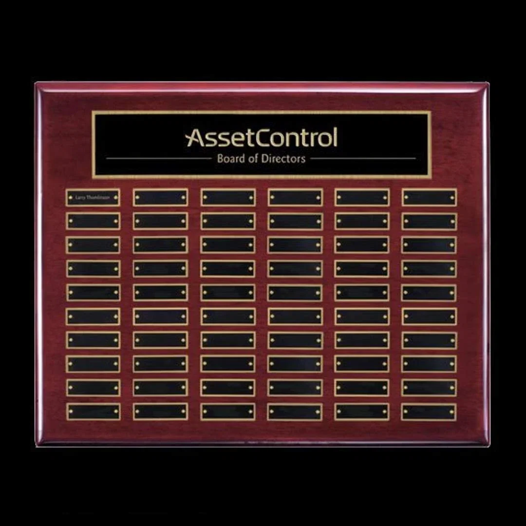Custom Piano Finish Perpetual Plaque With Wide Shallow Header Plate for retirement presentations