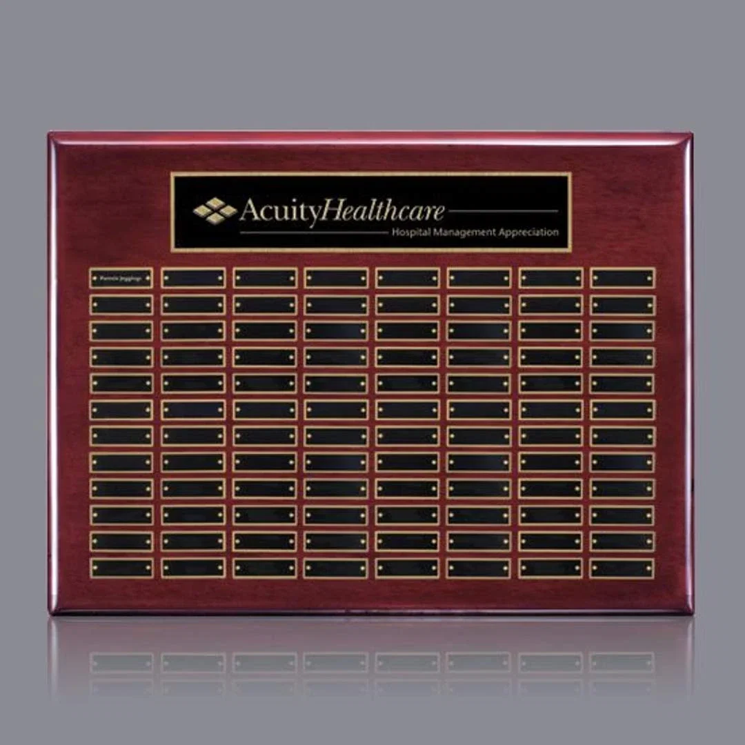 Custom Piano Finish Perpetual Plaque With Wide Shallow Header Plate for team milestone celebrations