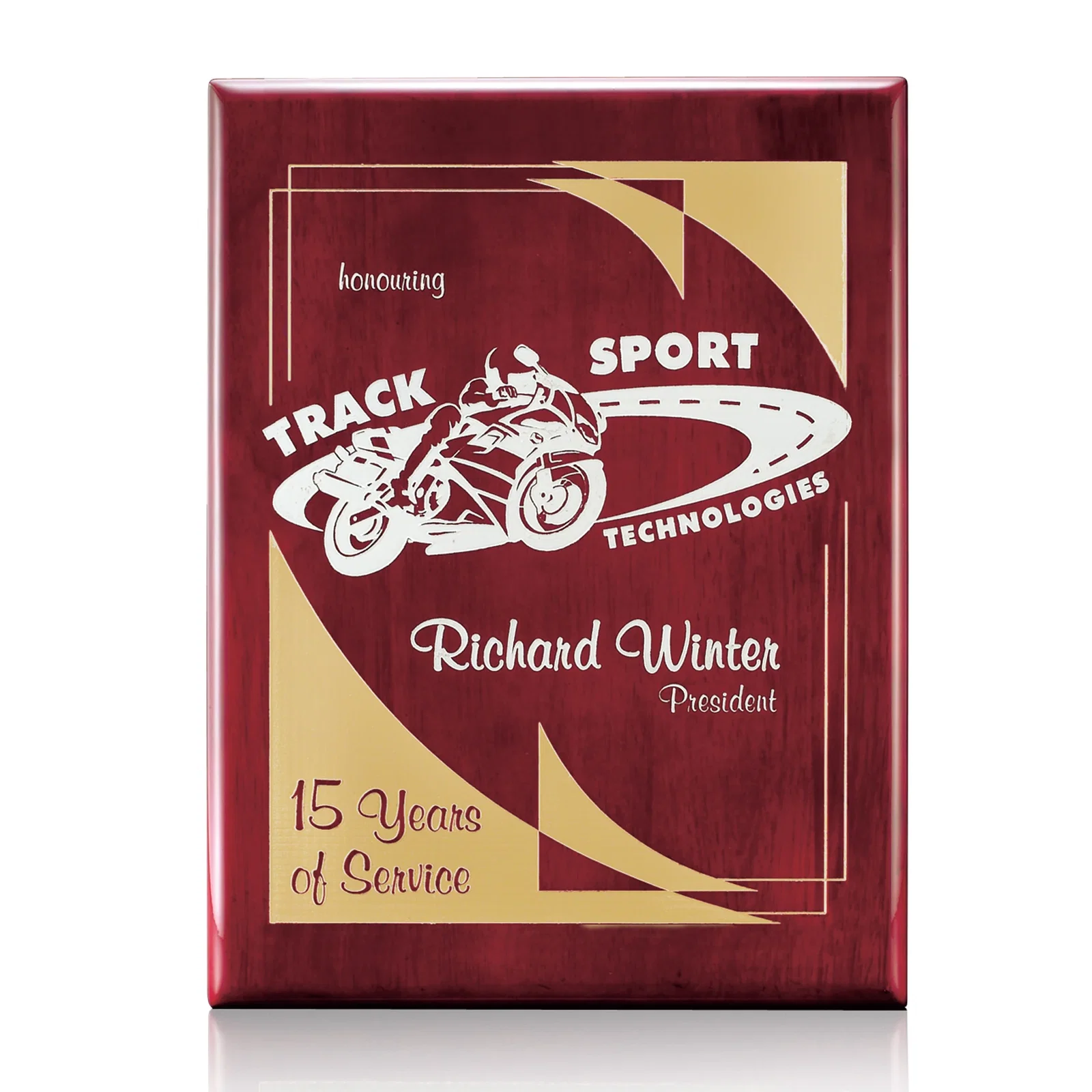 Custom Black piano finish plaque, gloss lacquer not matte wood for company anniversary events