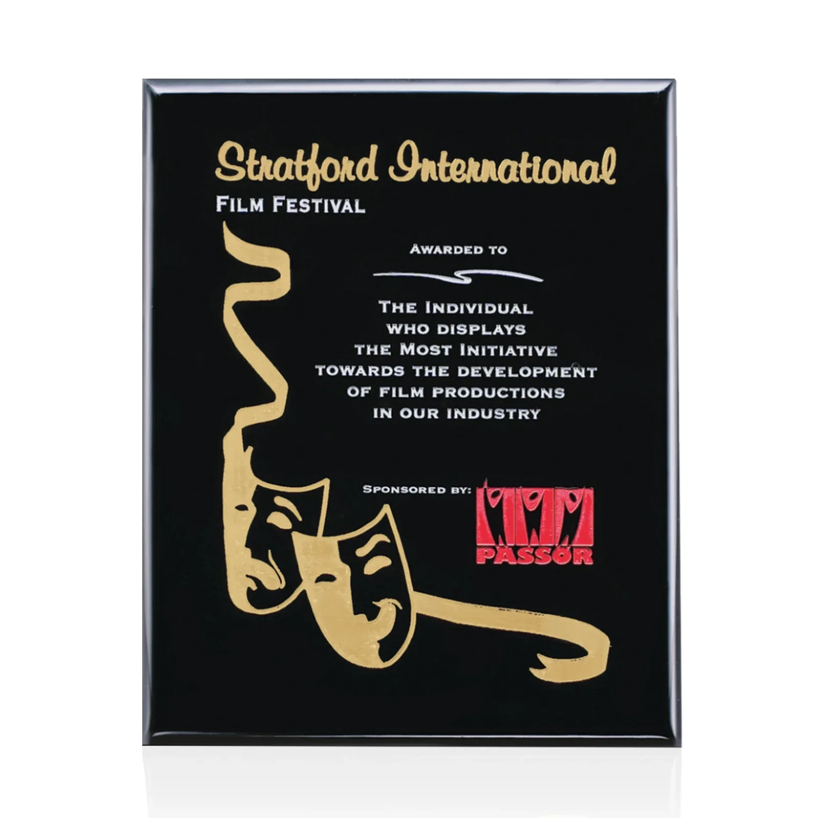 Custom Black piano finish plaque, gloss lacquer not matte wood for corporate award ceremonies