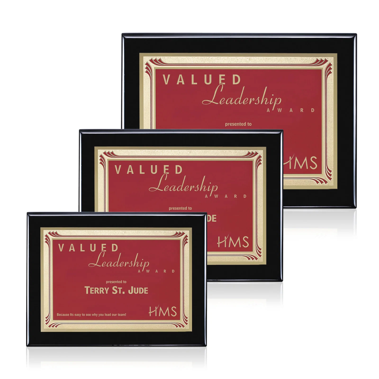 Custom Black Piano Finish Plaque with Gold-Bordered Burgundy Plate for employee recognition