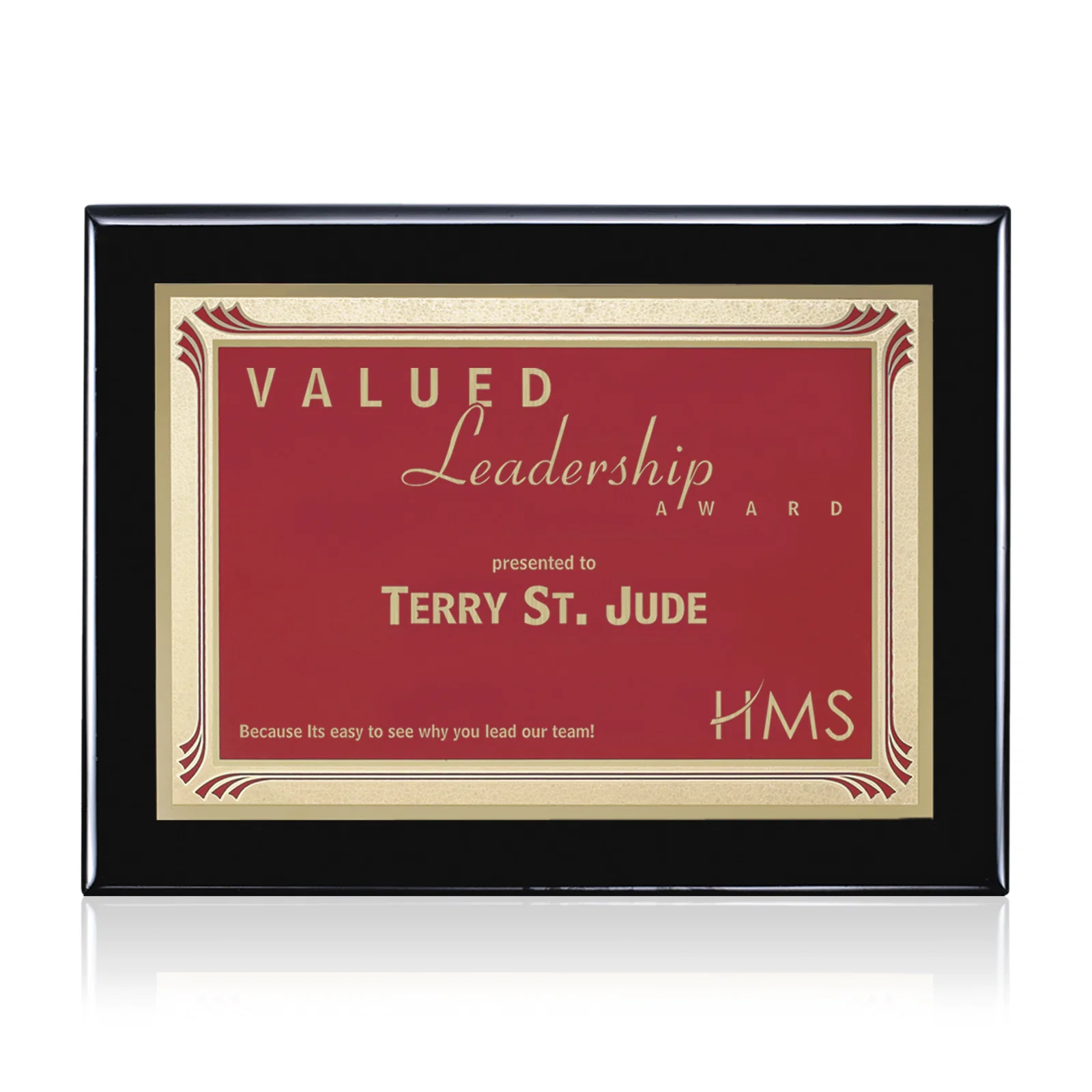 Custom Black Piano Finish Plaque with Gold-Bordered Burgundy Plate for corporate award ceremonies