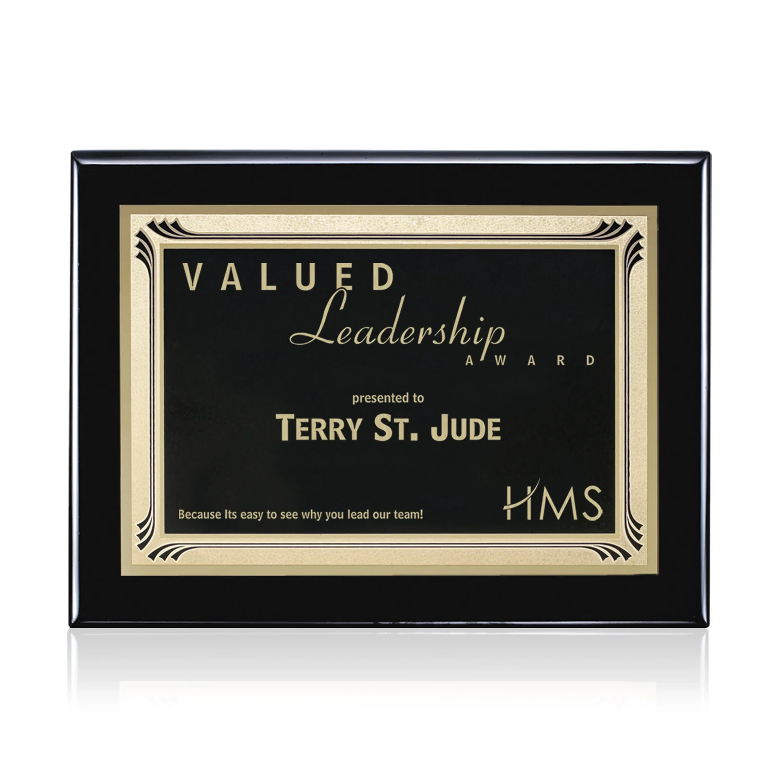 Custom Black Piano Finish Plaque with Gold-Bordered Burgundy Plate for sales achievement awards