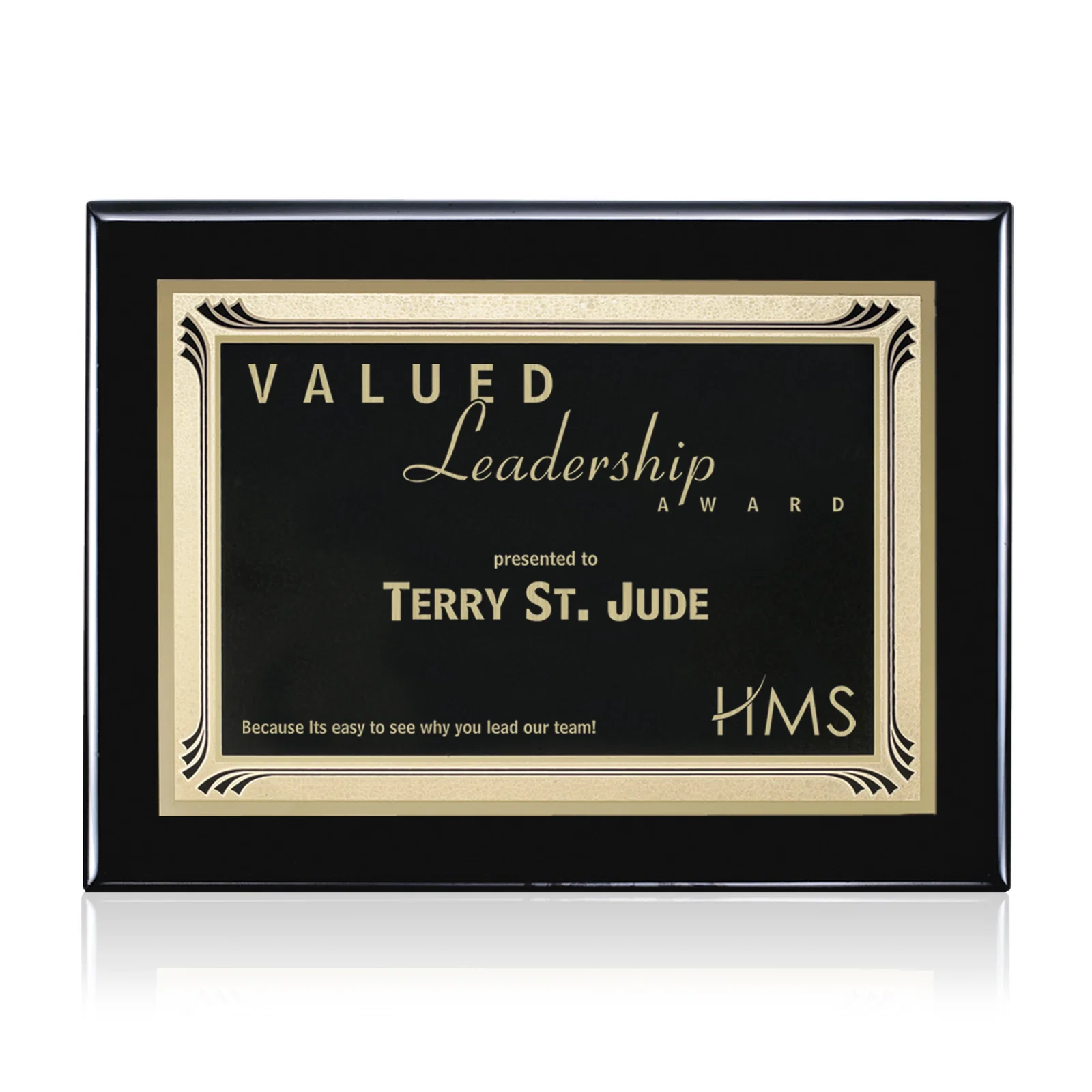 Custom Black Piano Finish Plaque with Gold-Bordered Burgundy Plate for retirement presentations
