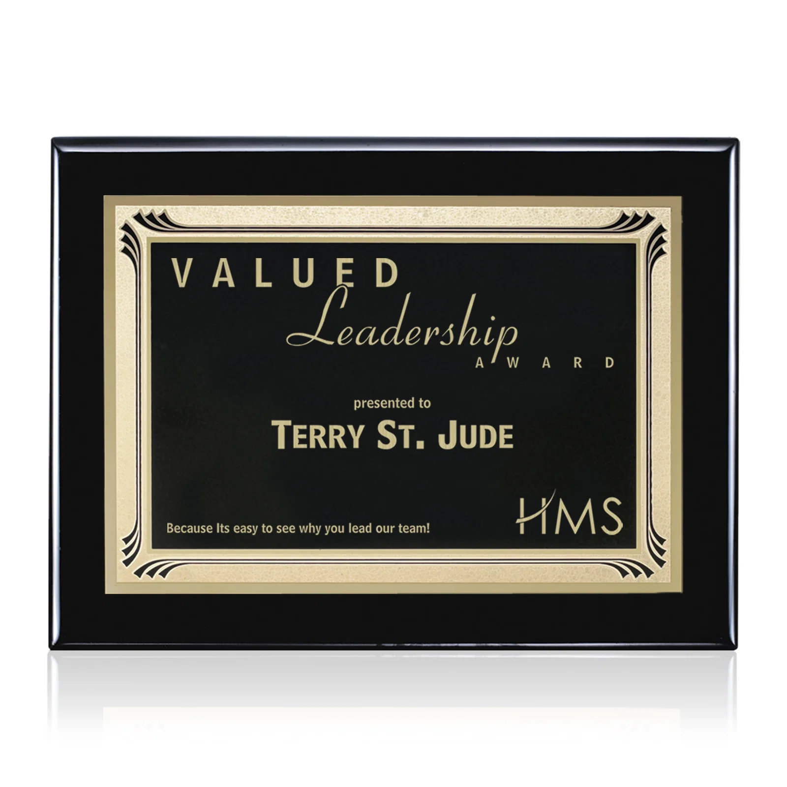 Custom Black Piano Finish Plaque with Gold-Bordered Burgundy Plate for team milestone celebrations