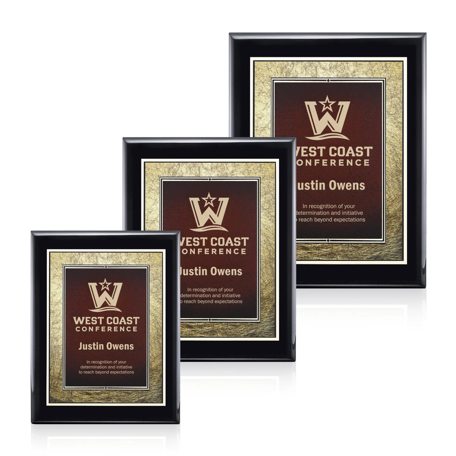 Custom Piano Finish Plaque in Black, Burgundy, or Blue with Gold Border for employee recognition