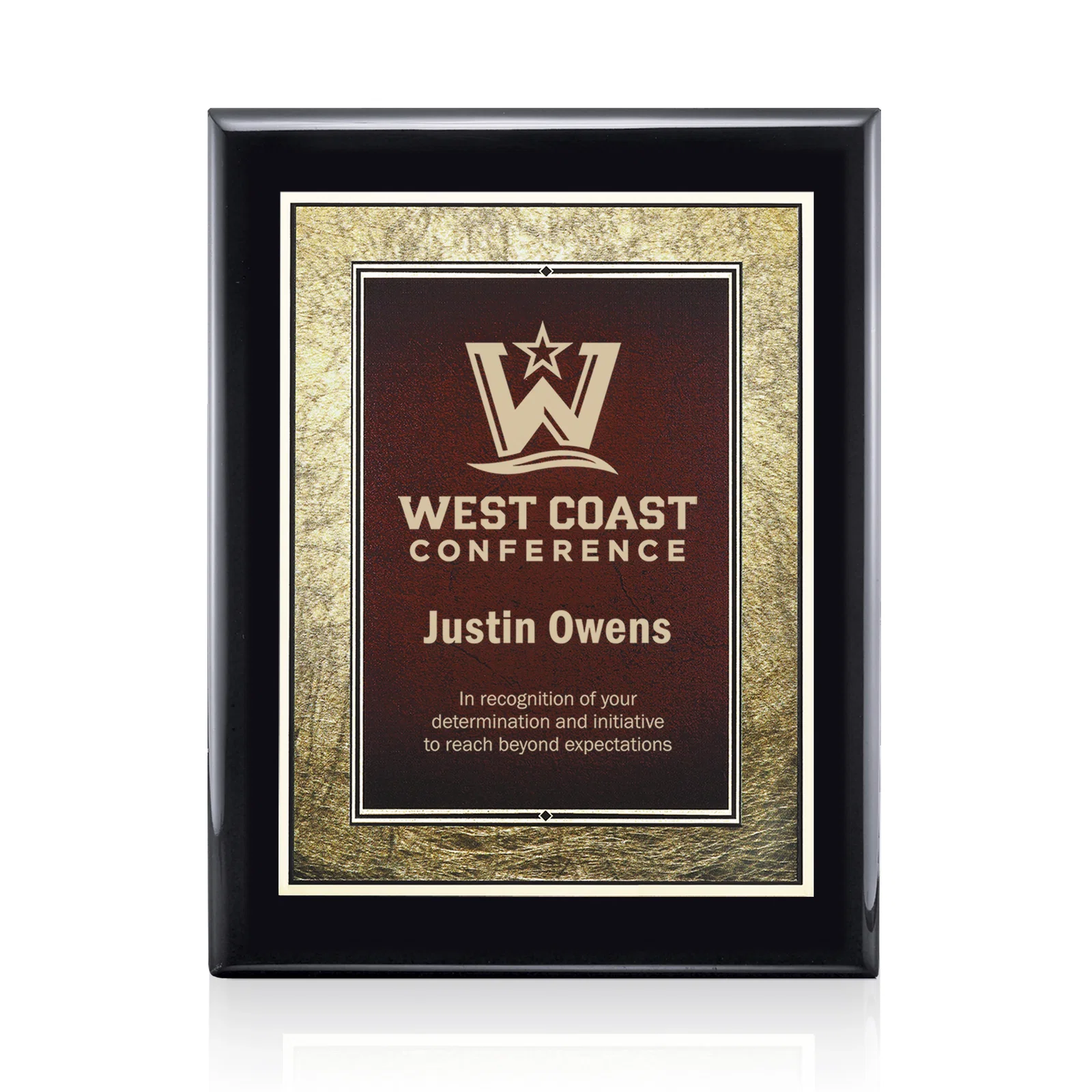 Custom Piano Finish Plaque in Black, Burgundy, or Blue with Gold Border for corporate award ceremonies