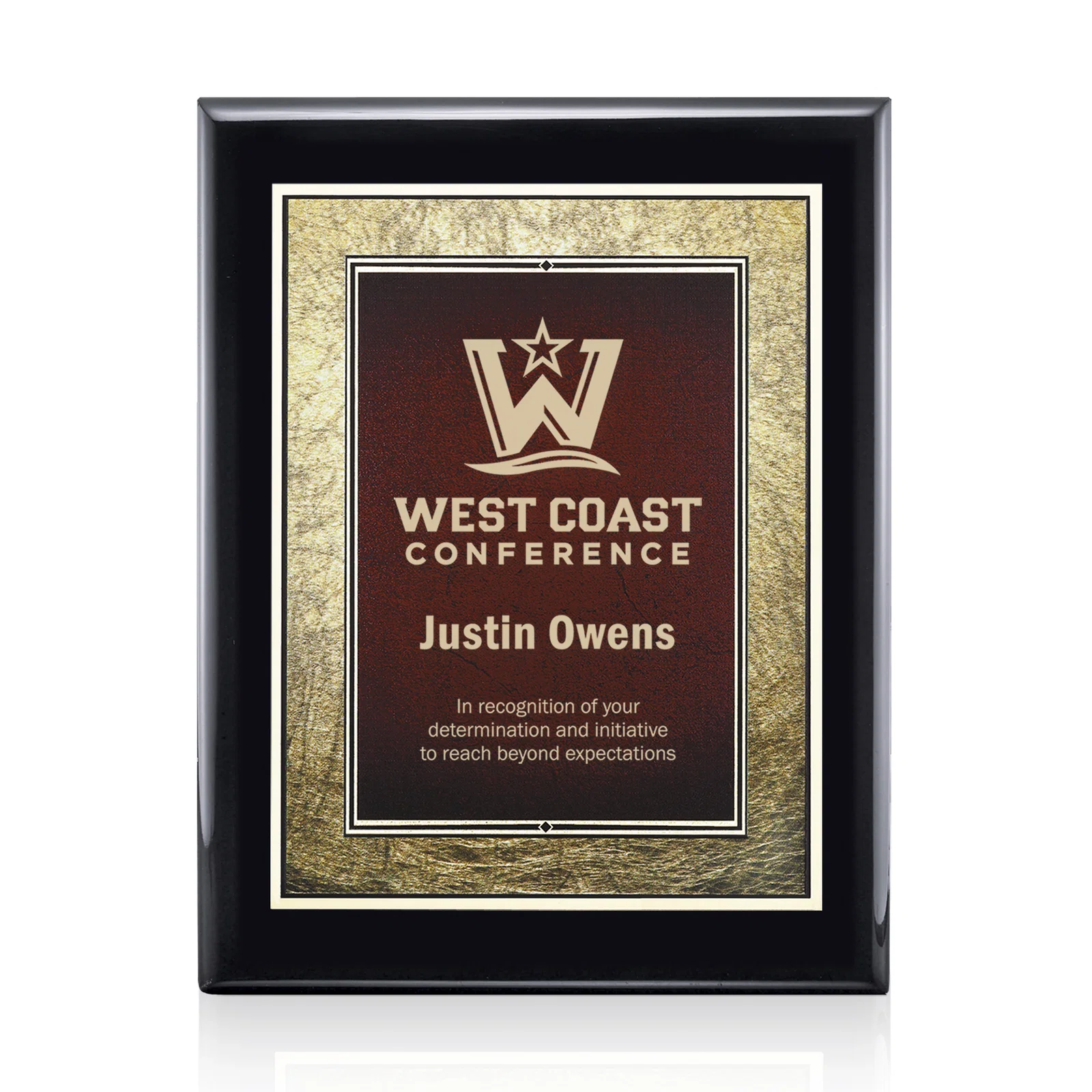 Custom Piano Finish Plaque in Black, Burgundy, or Blue with Gold Border for service anniversary gifts