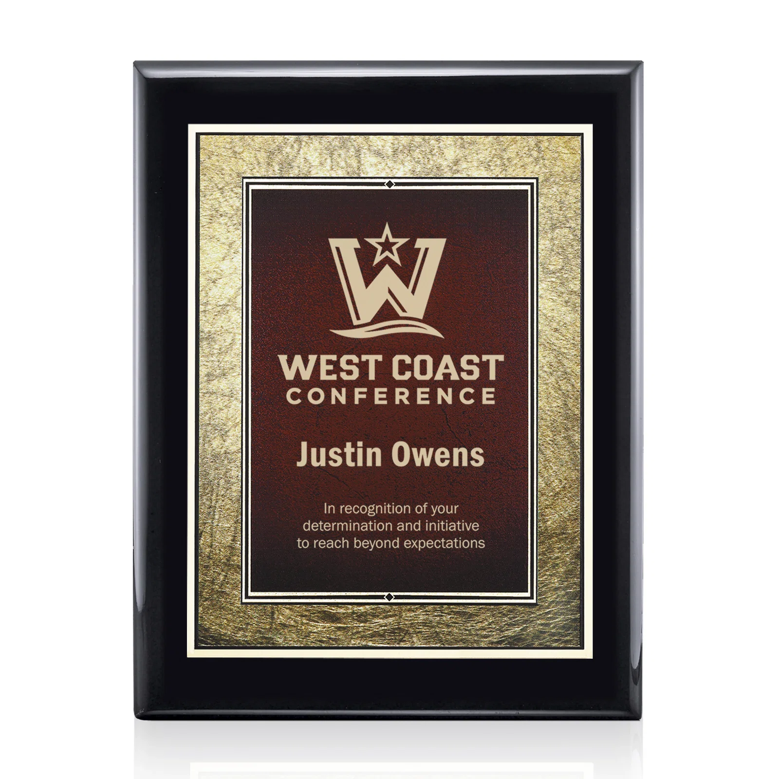 Custom Piano Finish Plaque in Black, Burgundy, or Blue with Gold Border for sales achievement awards