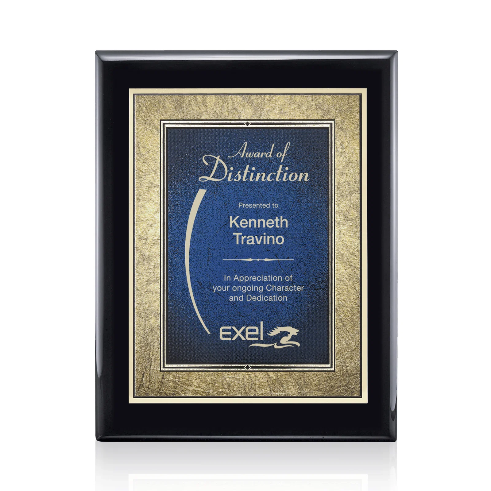 Custom Piano Finish Plaque in Black, Burgundy, or Blue with Gold Border for team milestone celebrations