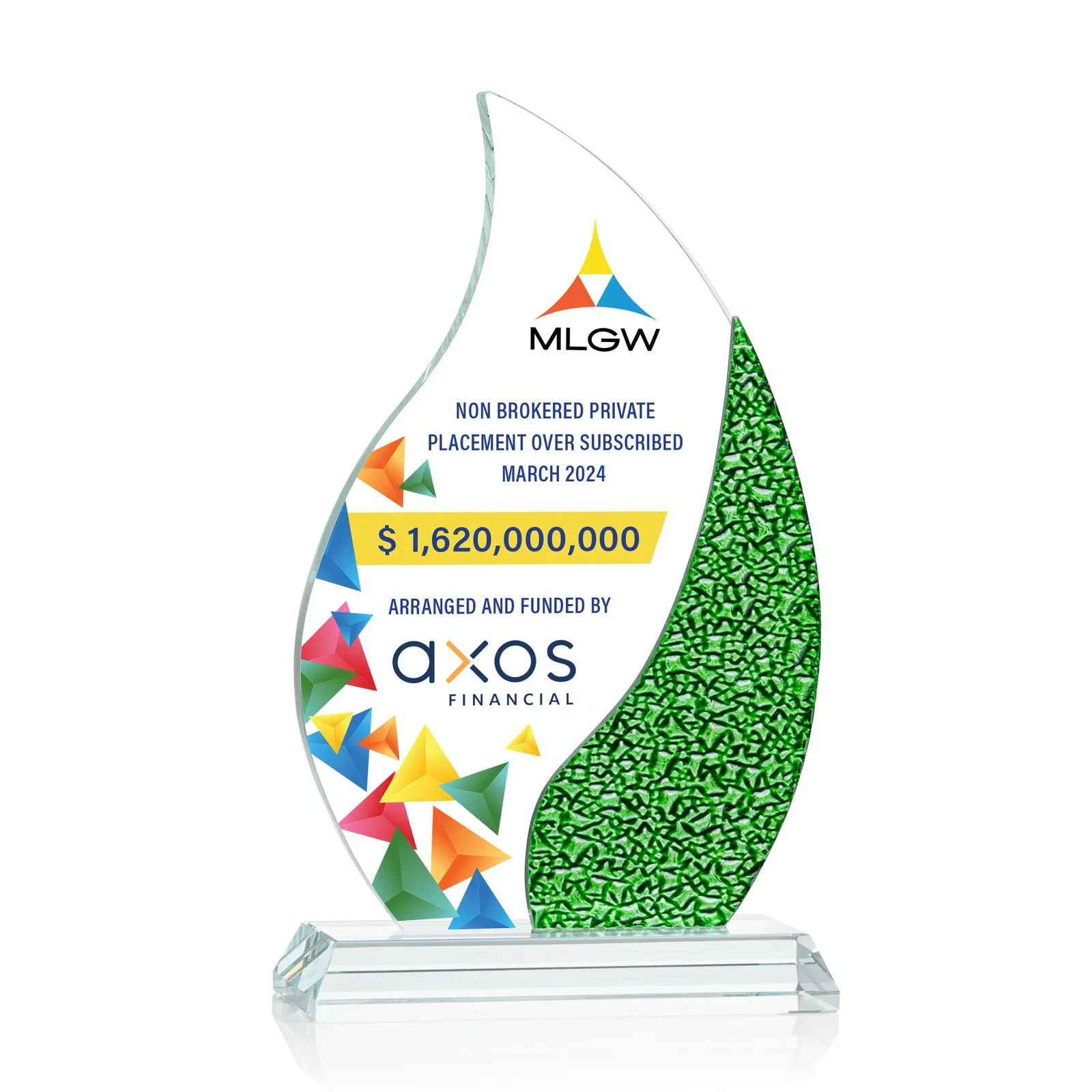 Personalized Starfire Crystal Flame Award with a Stained-Glass Side Texture for dealer and partner awards