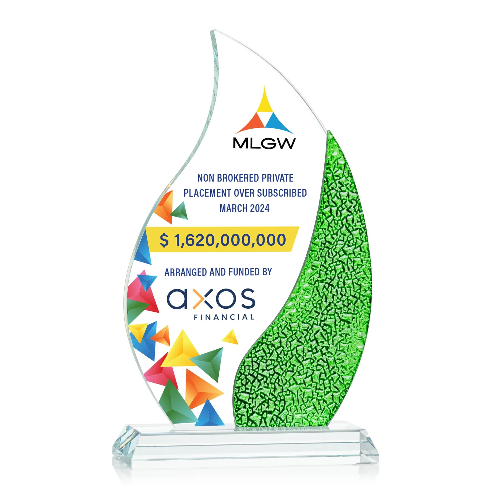 Personalized Starfire Crystal Flame Award with a Stained-Glass Side Texture for company anniversary events