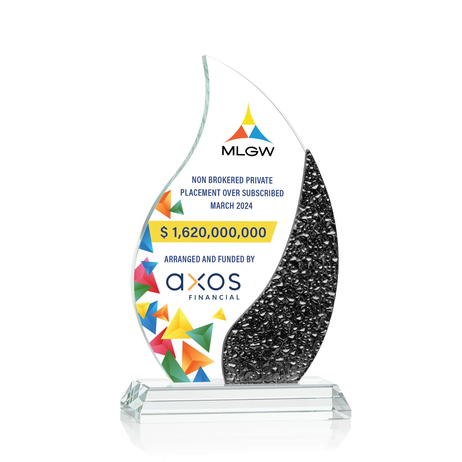 Promotional Starfire Crystal Flame Award with a Stained-Glass Side Texture for corporate award ceremonies