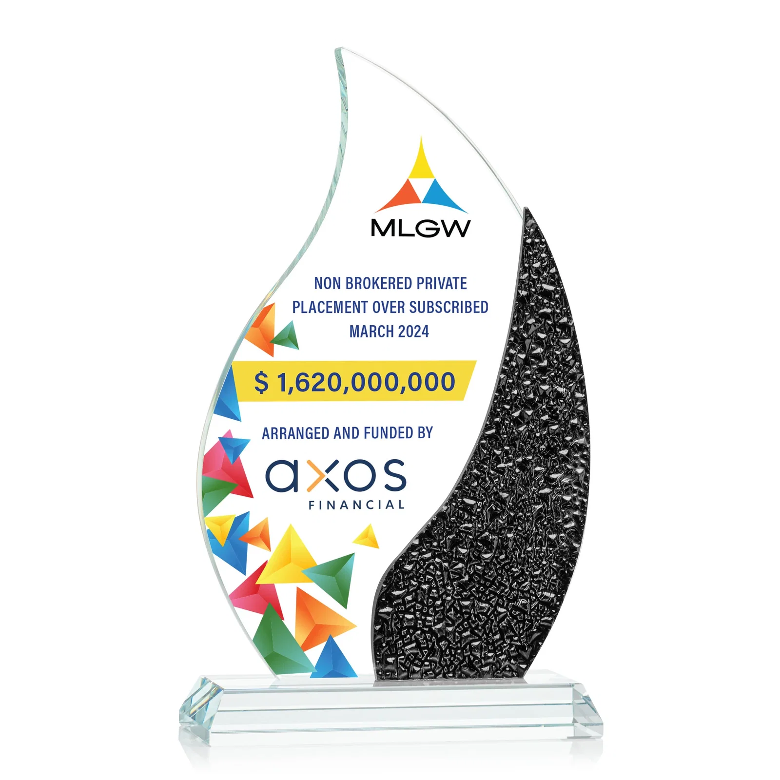 Promotional Starfire Crystal Flame Award with a Stained-Glass Side Texture for sales achievement awards