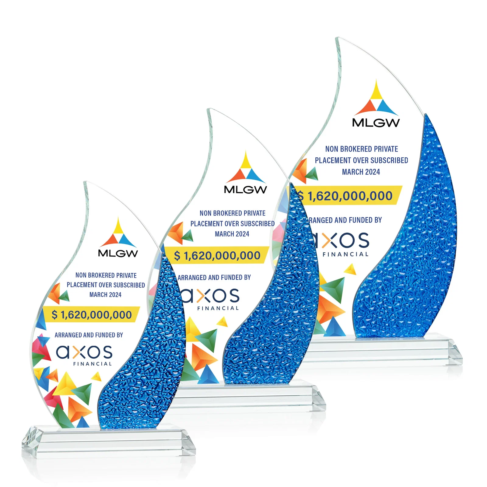 Promotional Starfire Crystal Flame Award with a Stained-Glass Side Texture for retirement presentations