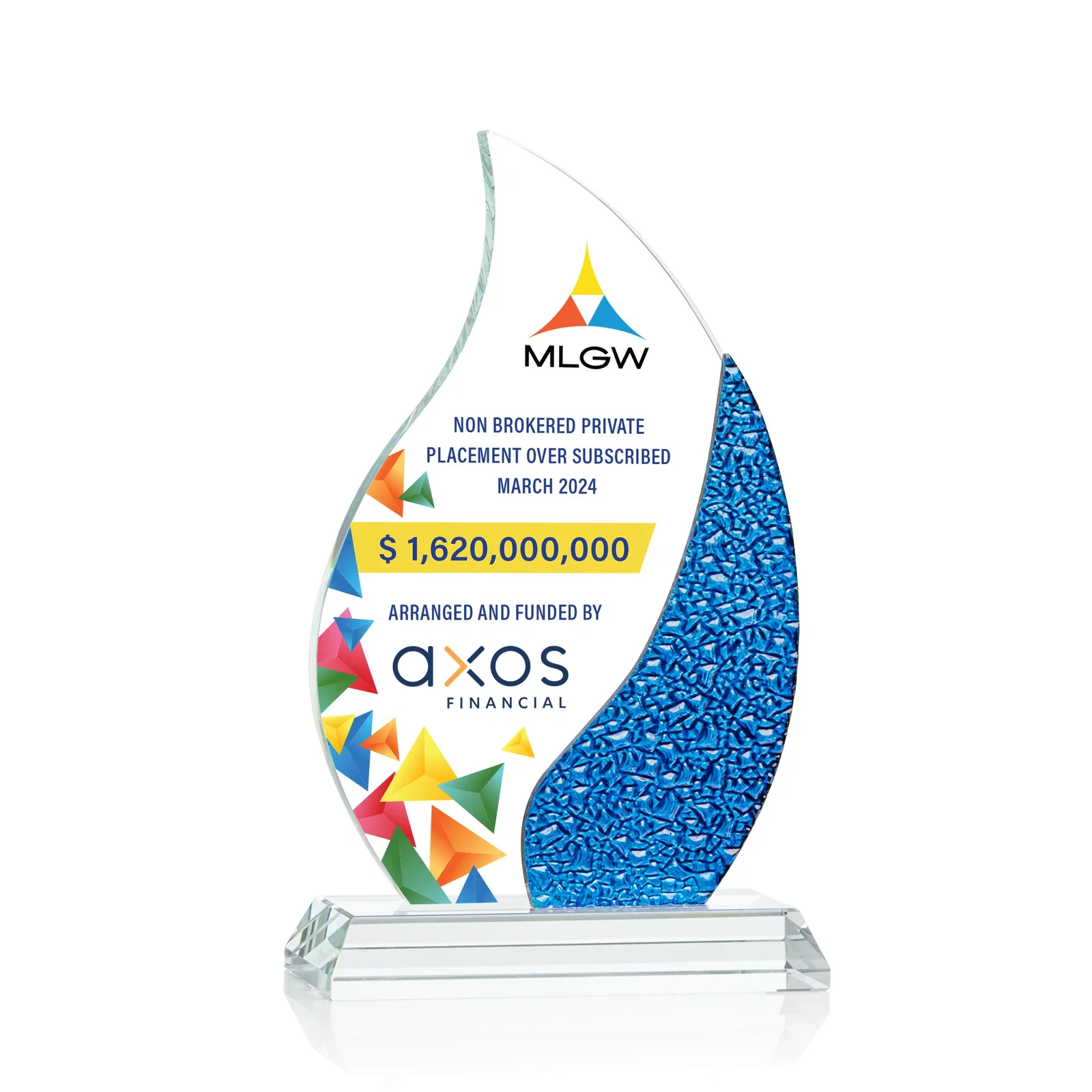 Promotional Starfire Crystal Flame Award with a Stained-Glass Side Texture for team milestone celebrations