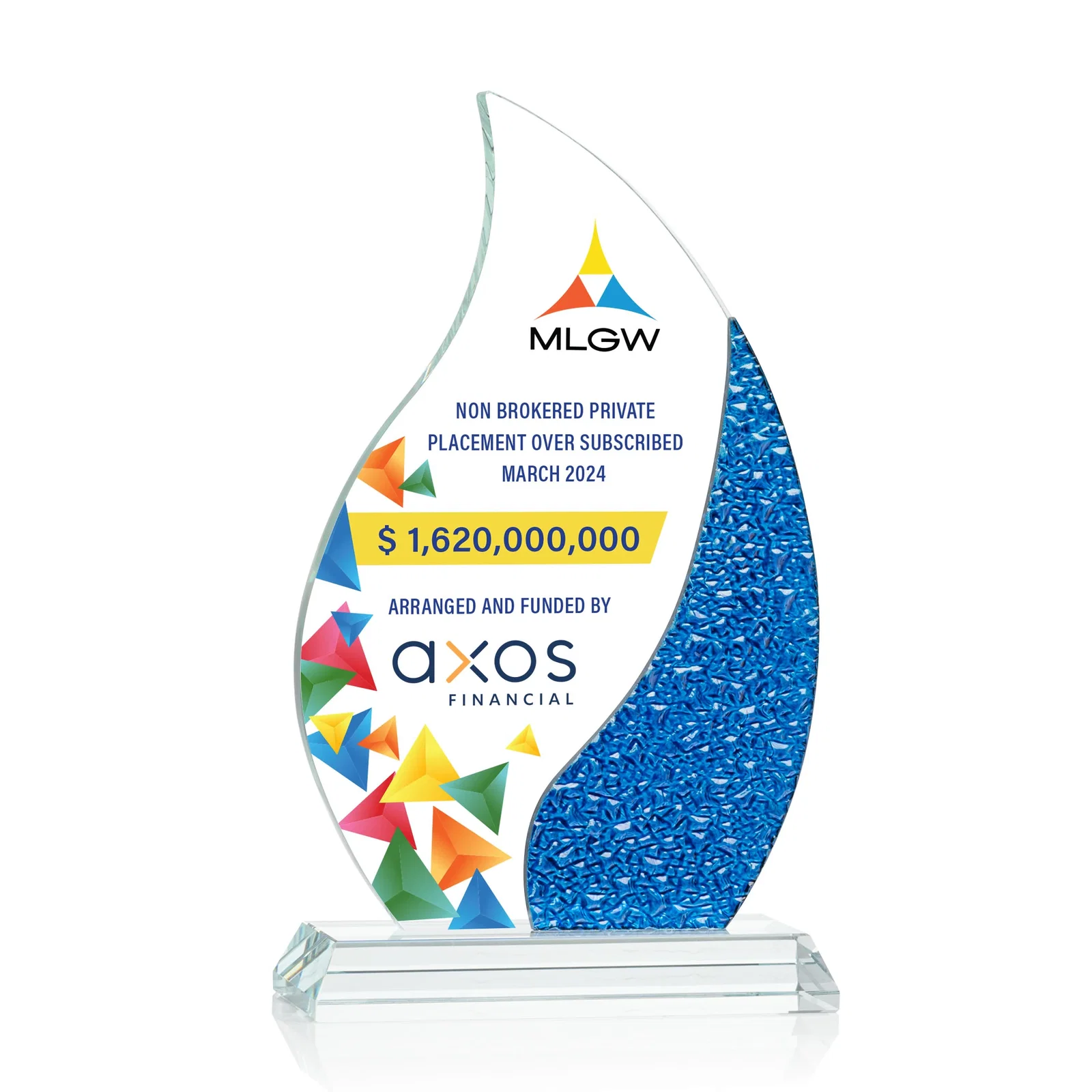 Promotional Starfire Crystal Flame Award with a Stained-Glass Side Texture for donor appreciation