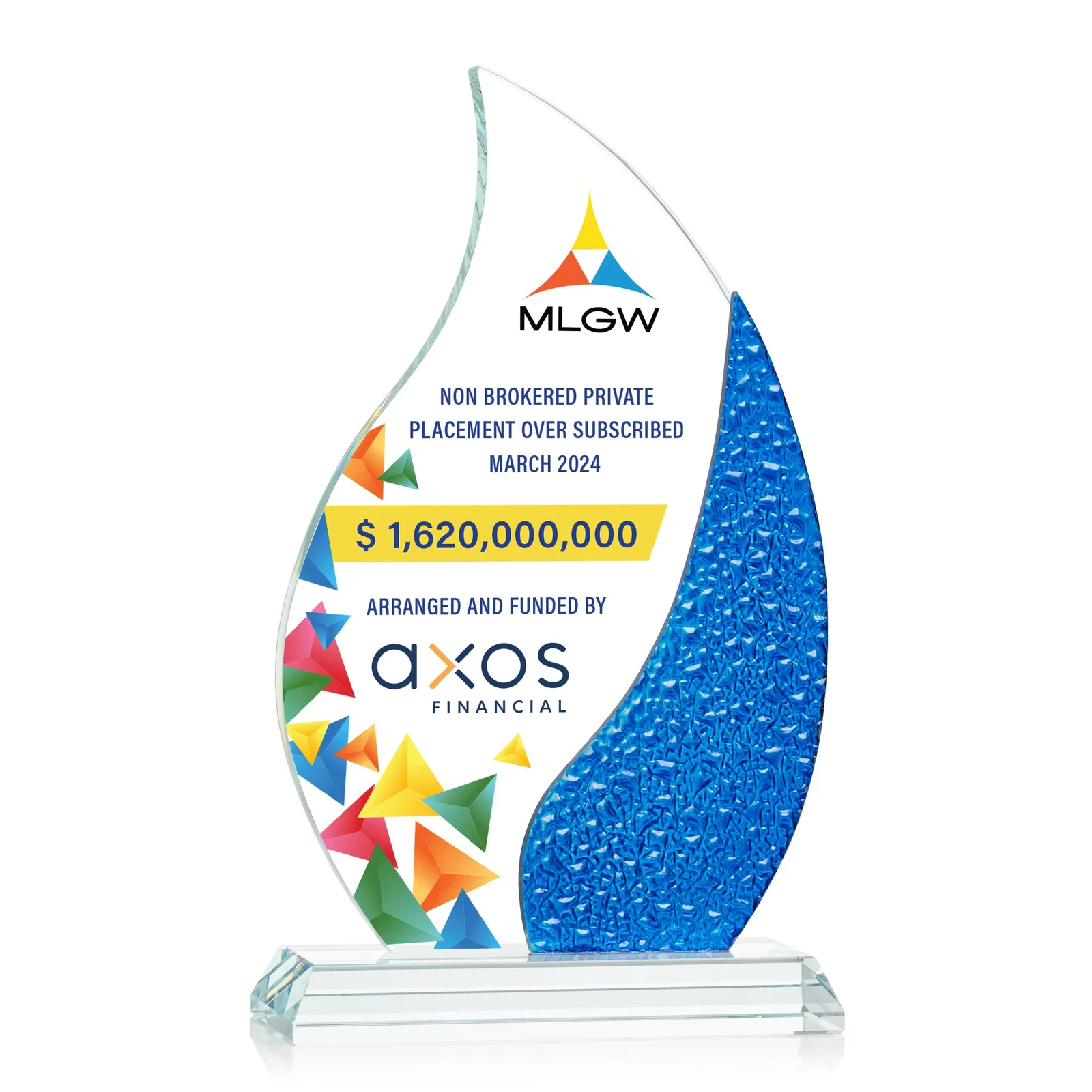 Promotional Starfire Crystal Flame Award with a Stained-Glass Side Texture for graduation ceremonies