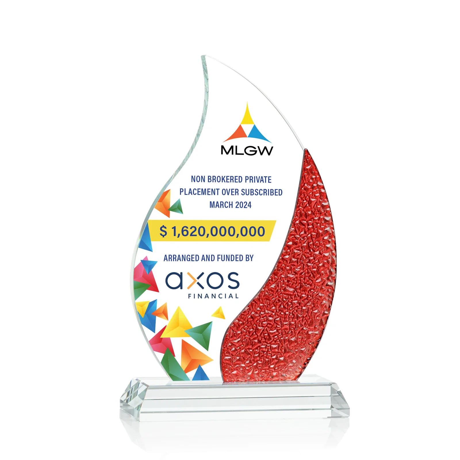 Promotional Starfire Crystal Flame Award with a Stained-Glass Side Texture for dealer and partner awards