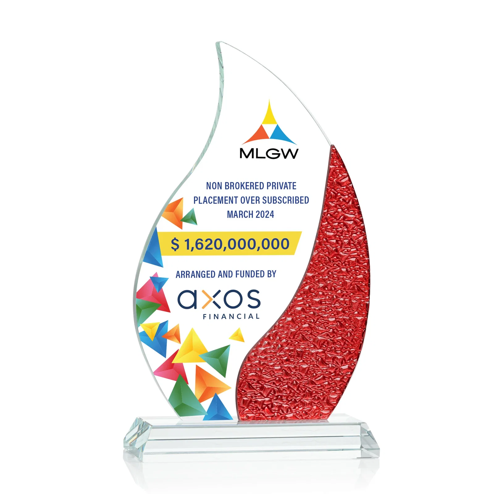 Promotional Starfire Crystal Flame Award with a Stained-Glass Side Texture for company anniversary events