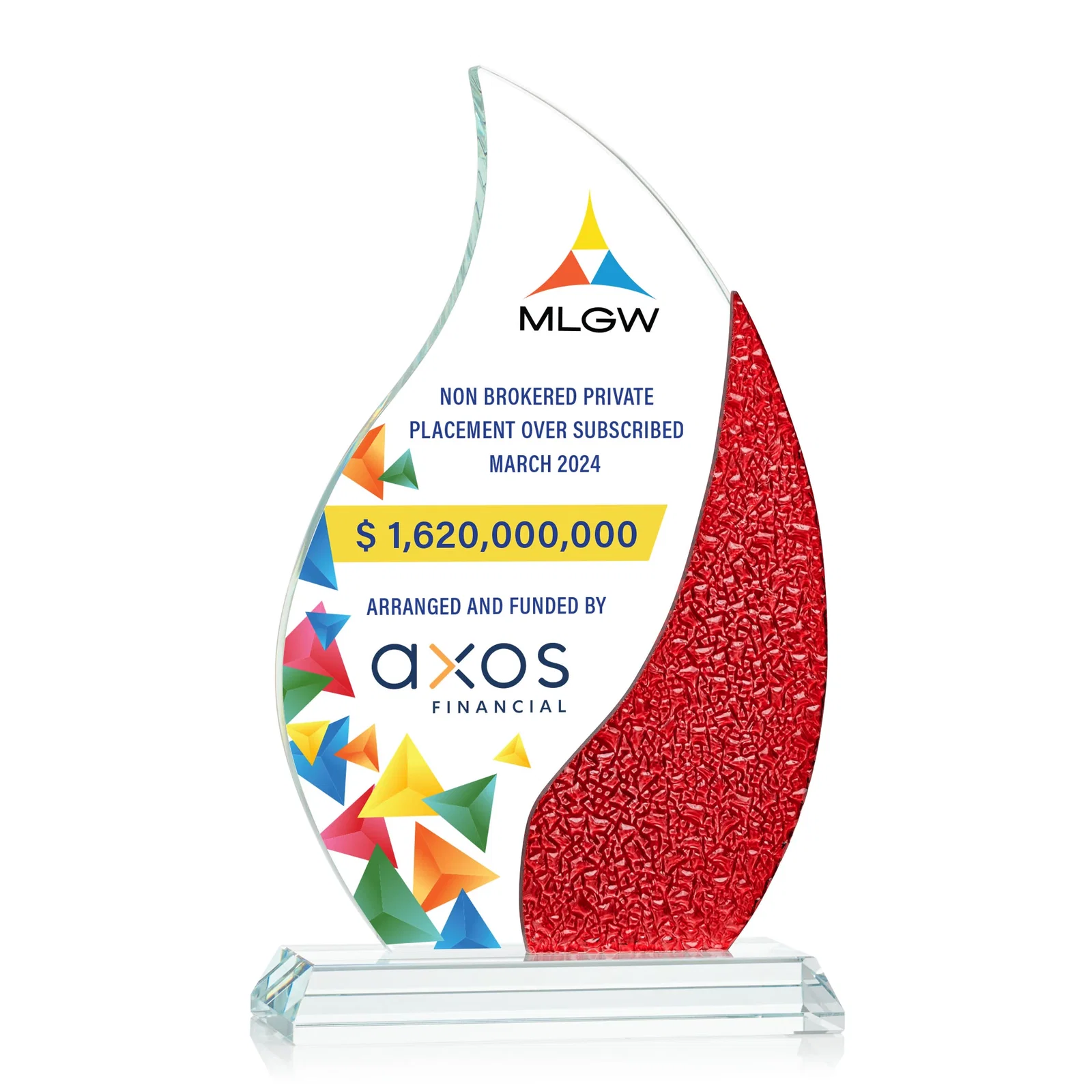 Branded Starfire Crystal Flame Award with a Stained-Glass Side Texture for employee recognition