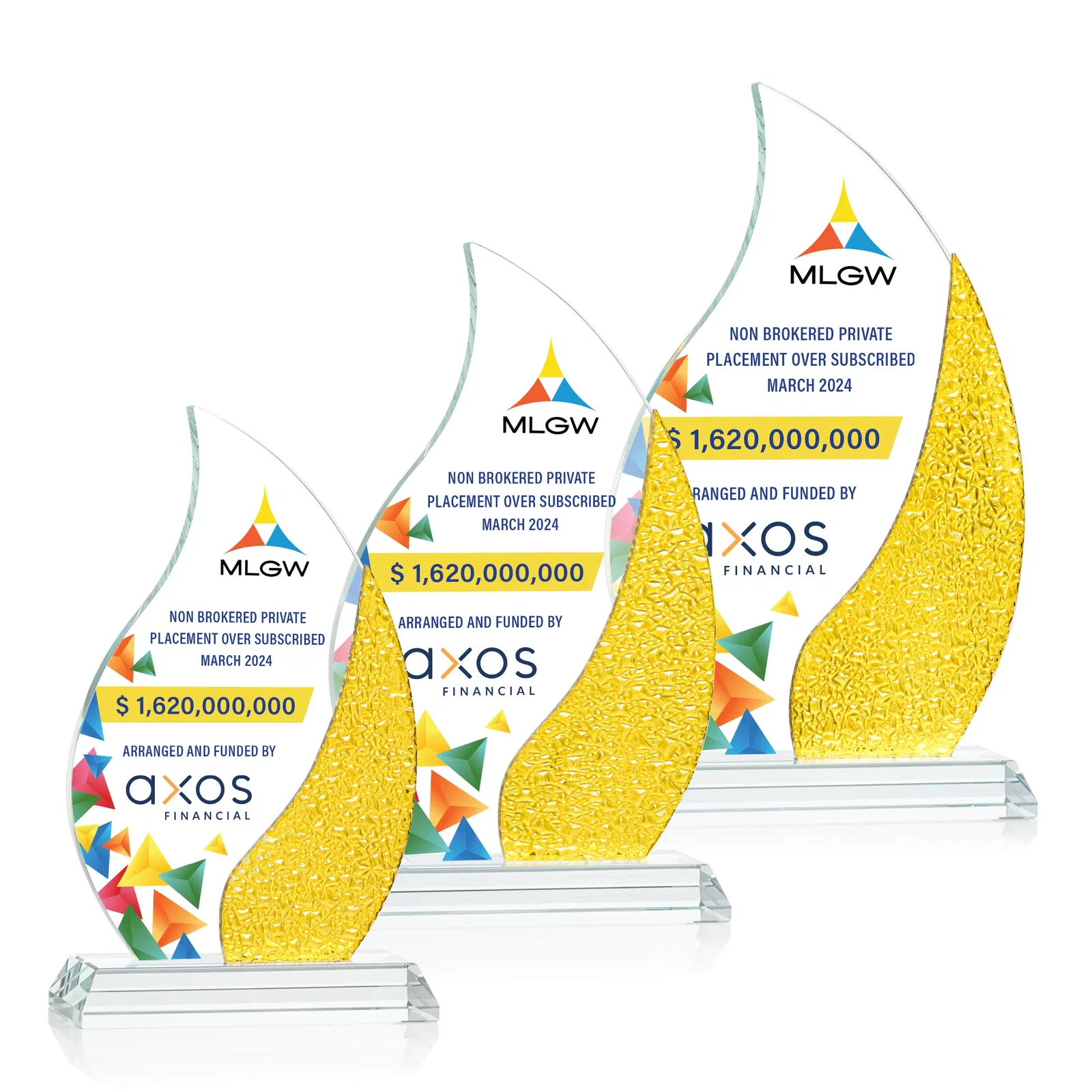 Branded Starfire Crystal Flame Award with a Stained-Glass Side Texture for corporate award ceremonies