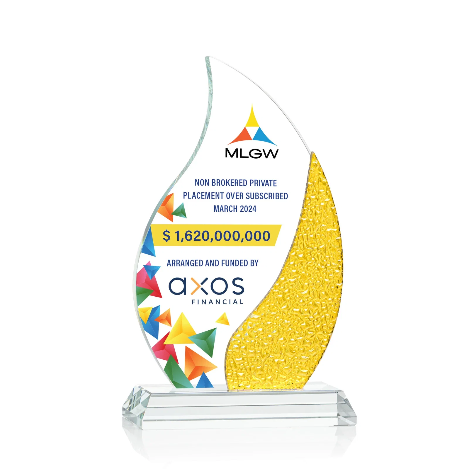 Branded Starfire Crystal Flame Award with a Stained-Glass Side Texture for service anniversary gifts