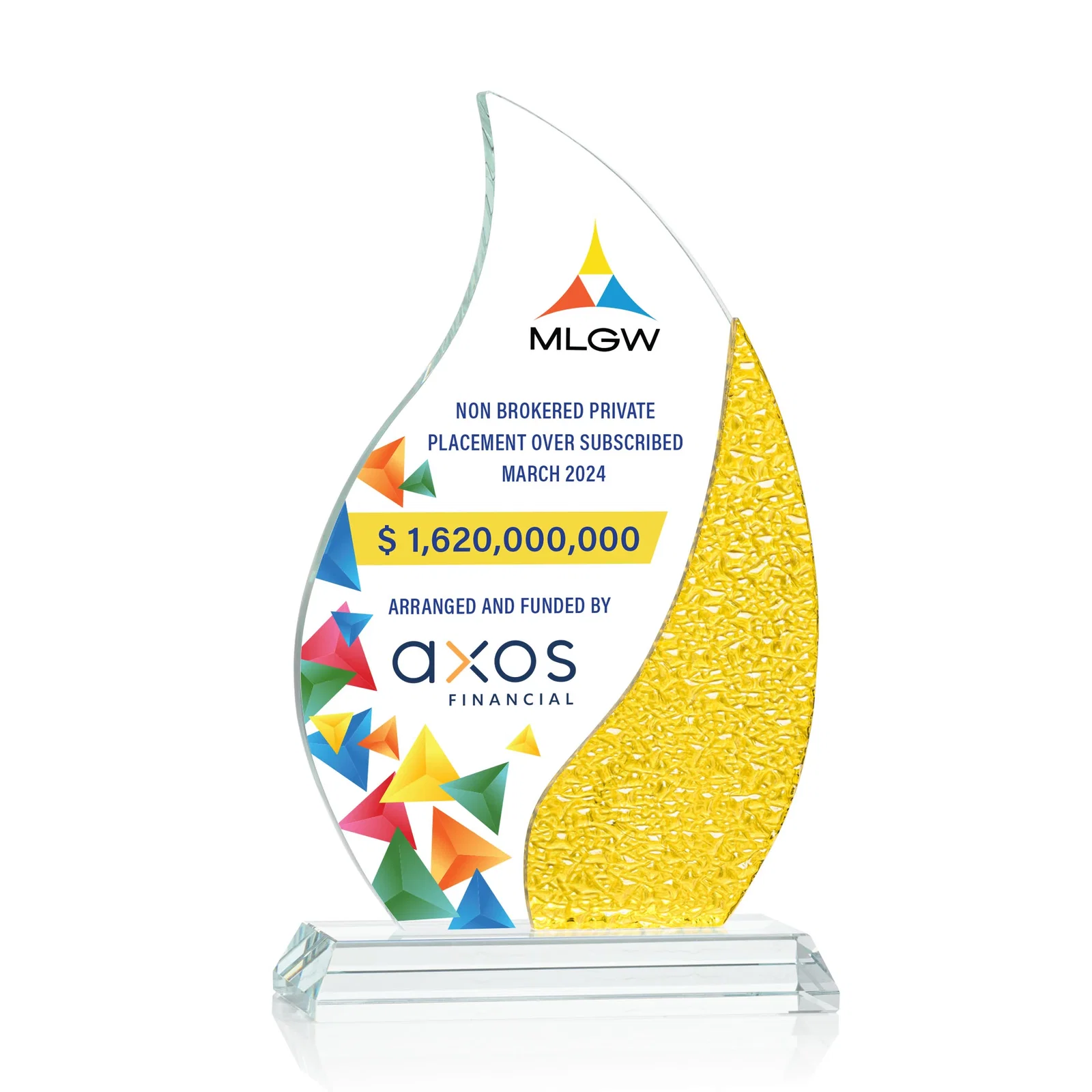 Branded Starfire Crystal Flame Award with a Stained-Glass Side Texture for sales achievement awards