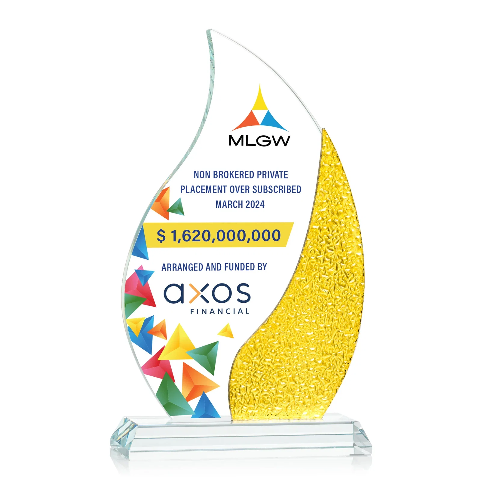 Branded Starfire Crystal Flame Award with a Stained-Glass Side Texture for retirement presentations
