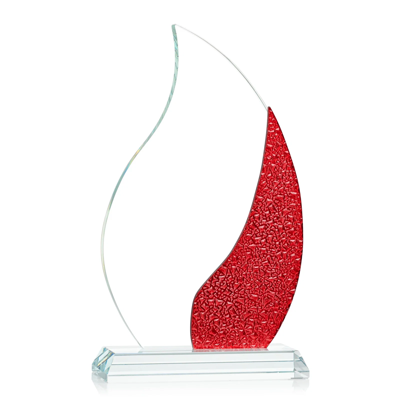 Custom printed Starfire Crystal Flame Award with a Stained-Glass Side Texture for retirement presentations