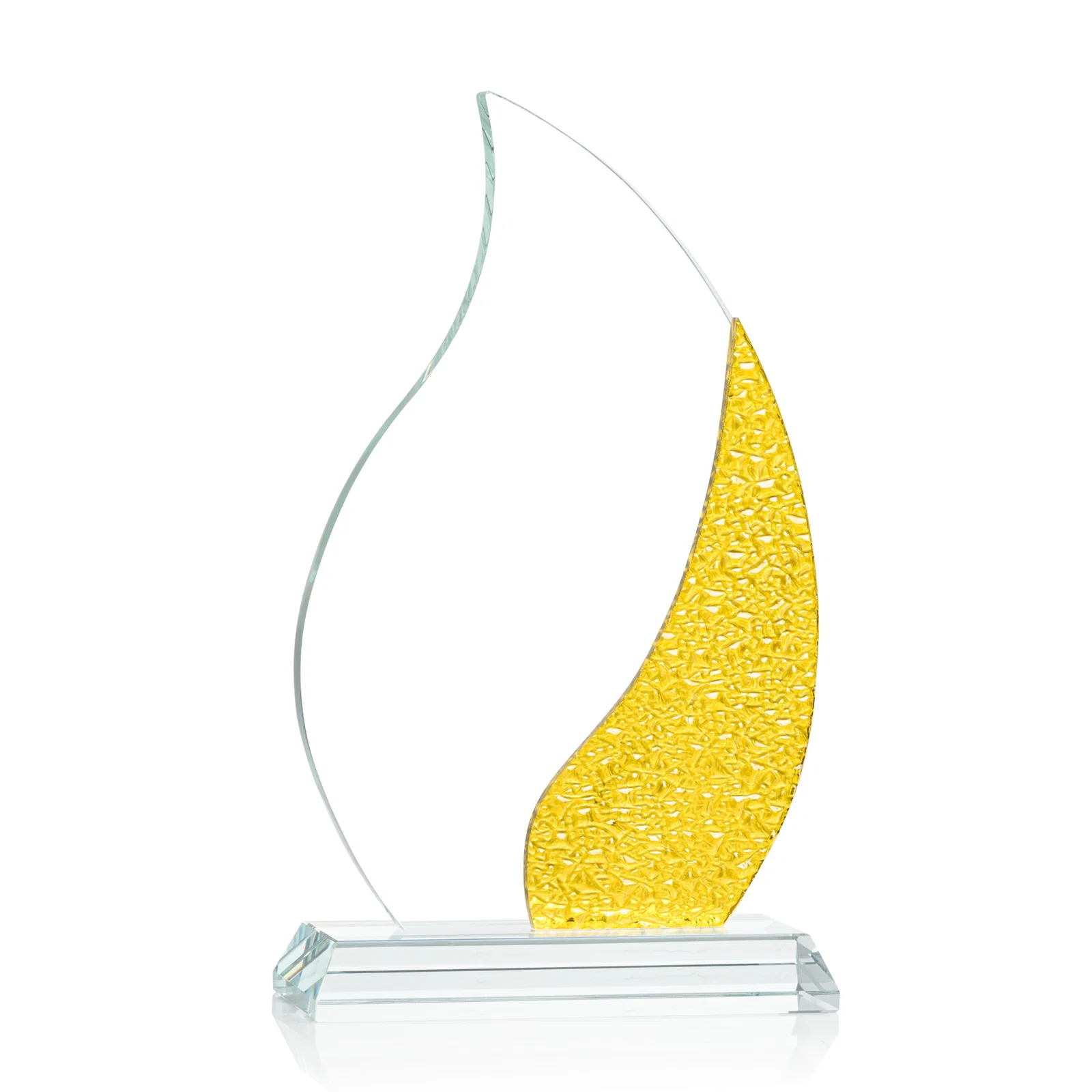 Custom printed Starfire Crystal Flame Award with a Stained-Glass Side Texture for donor appreciation