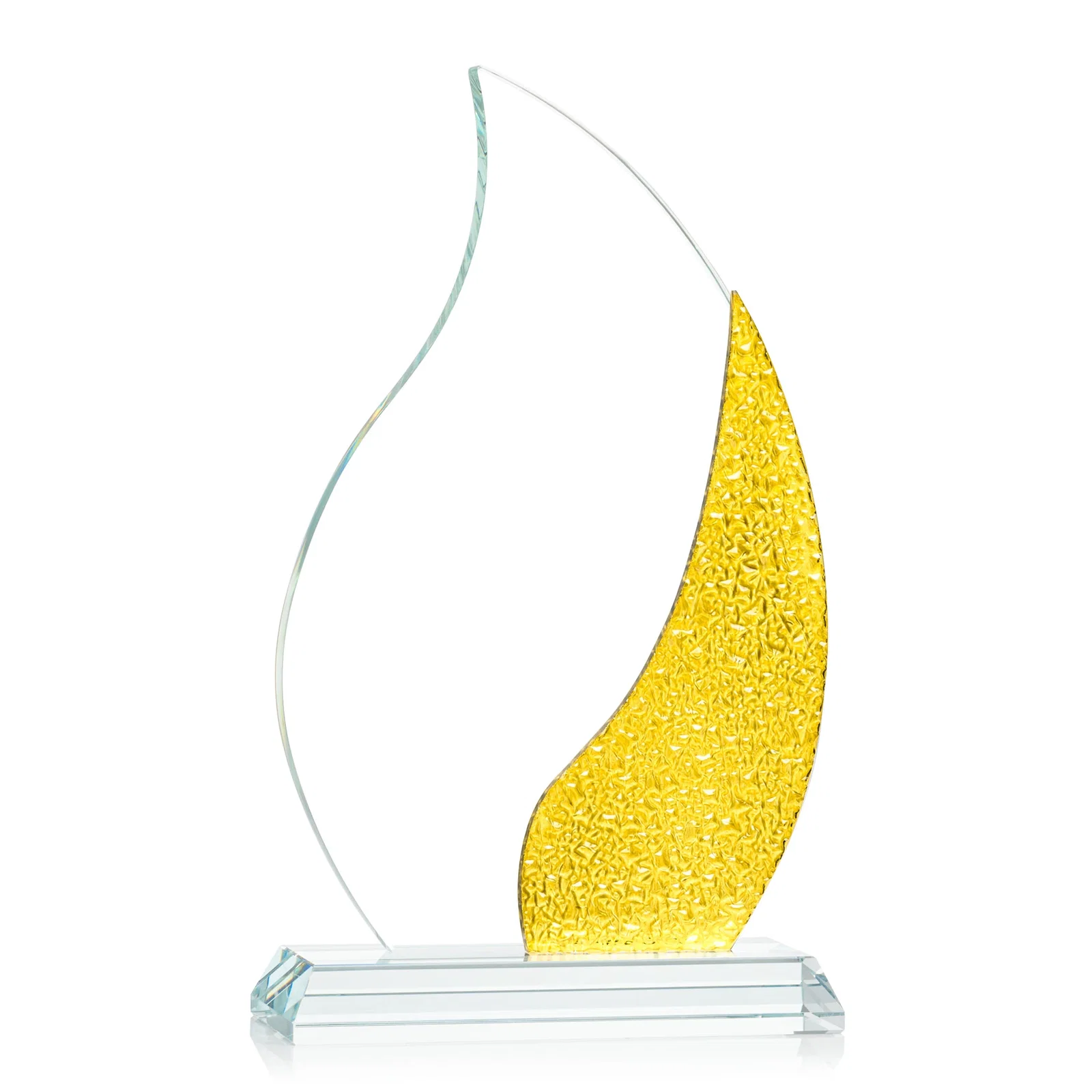 Custom printed Starfire Crystal Flame Award with a Stained-Glass Side Texture for graduation ceremonies