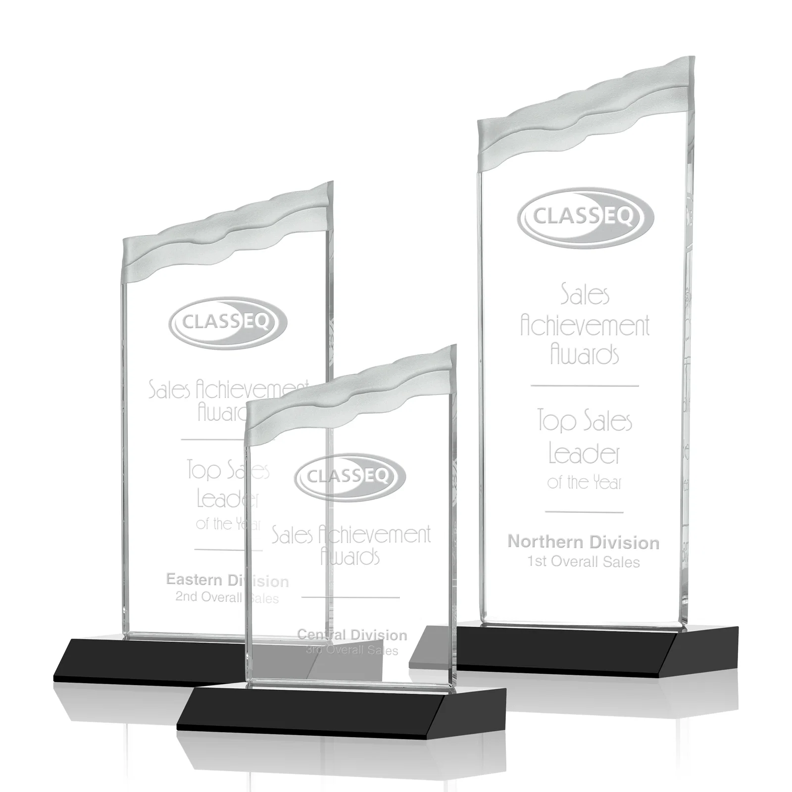 Custom Starfire Crystal Award with Carved Waterfall Top, Black Mitered Base, awards for employee recognition