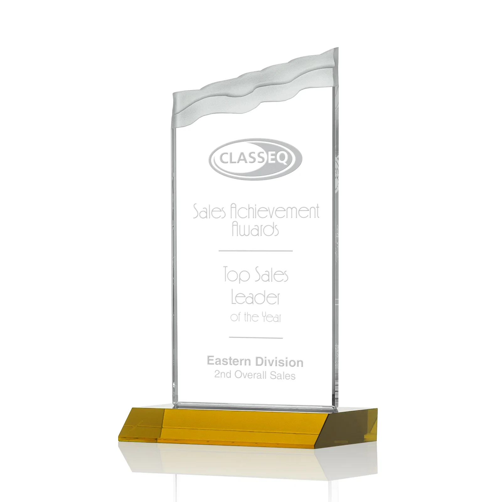Custom Starfire Crystal Award with Carved Waterfall Top, Black Mitered Base, awards for dealer and partner awards