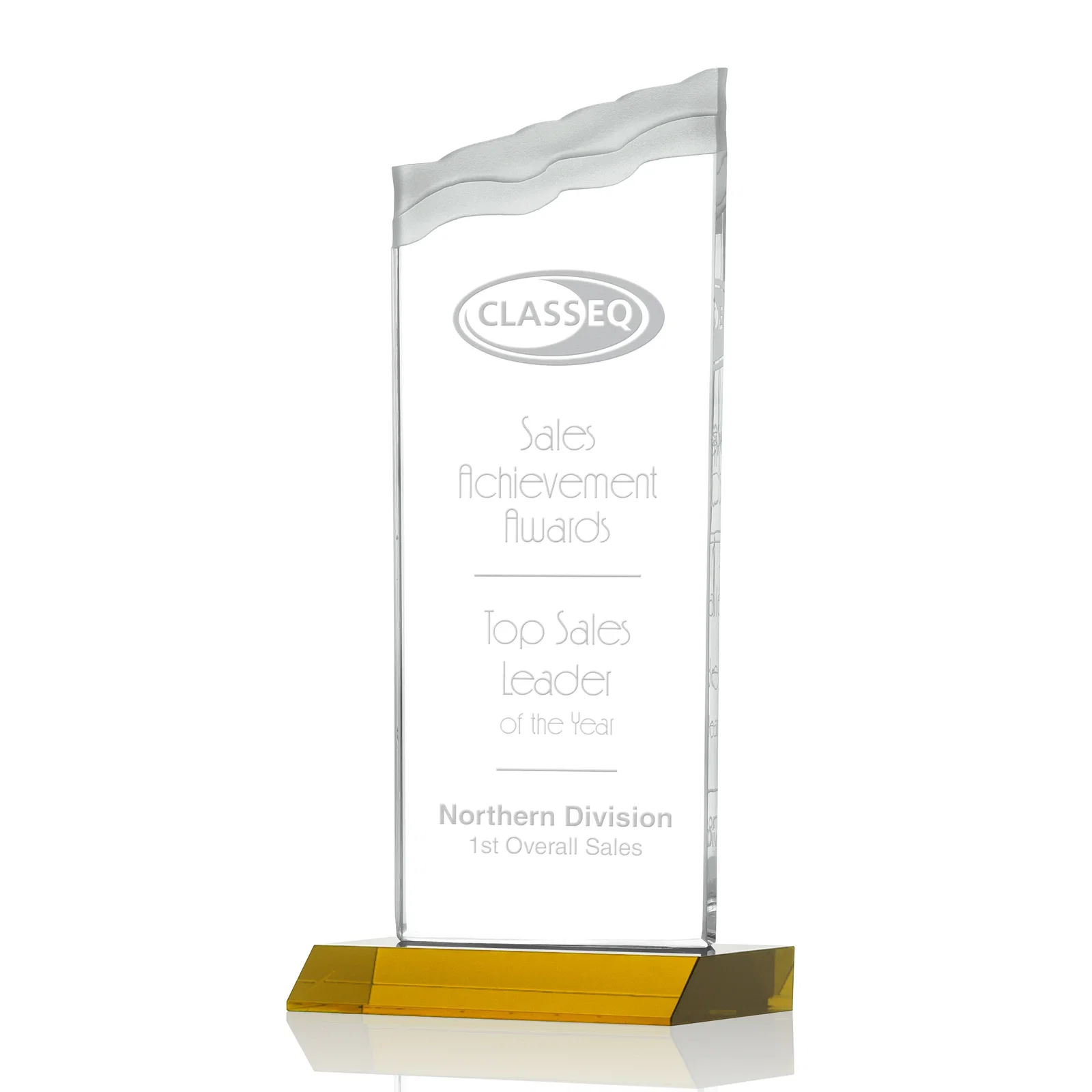 Custom Starfire Crystal Award with Carved Waterfall Top, Black Mitered Base, awards for company anniversary events