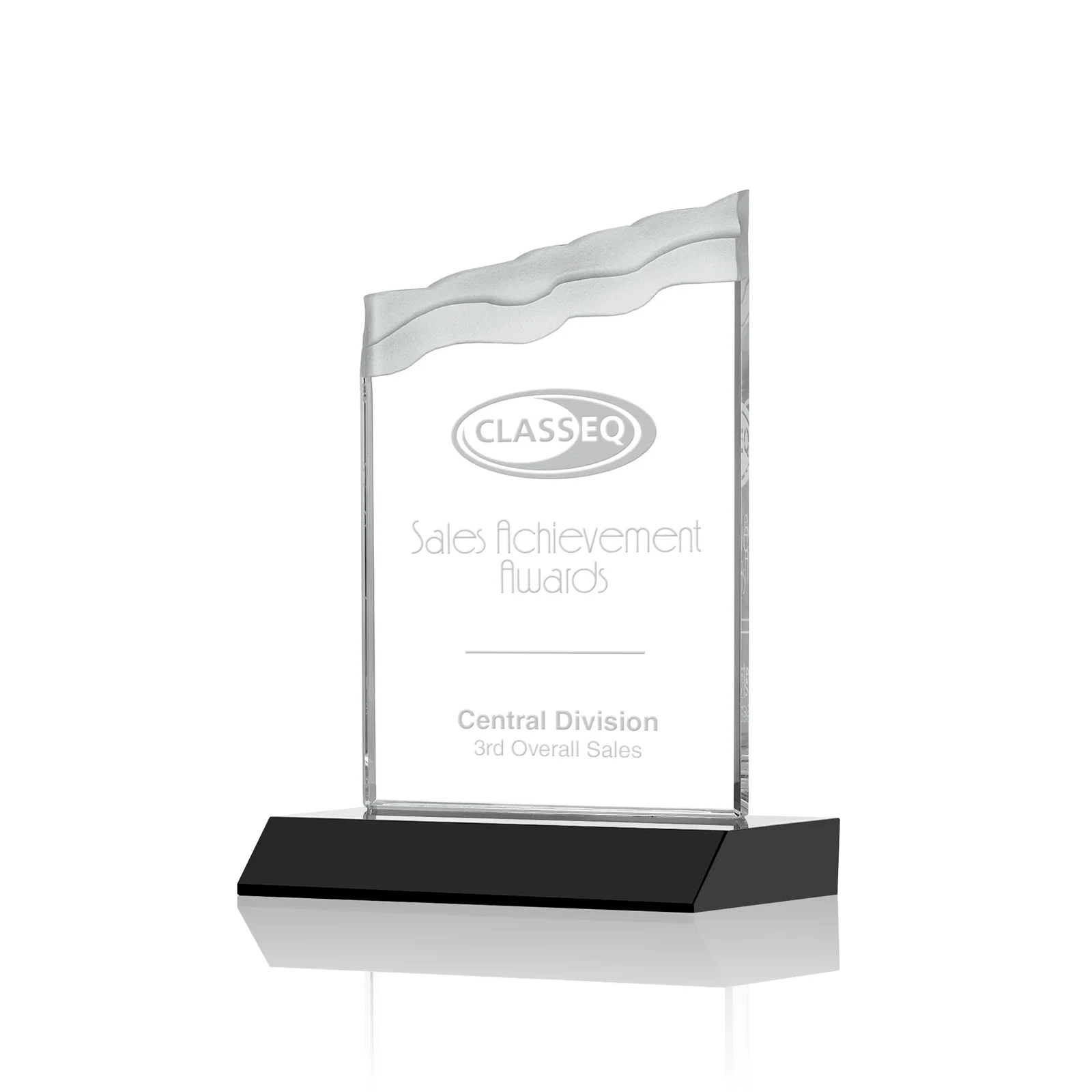 Custom Starfire Crystal Award with Carved Waterfall Top, Black Mitered Base, awards for corporate award ceremonies