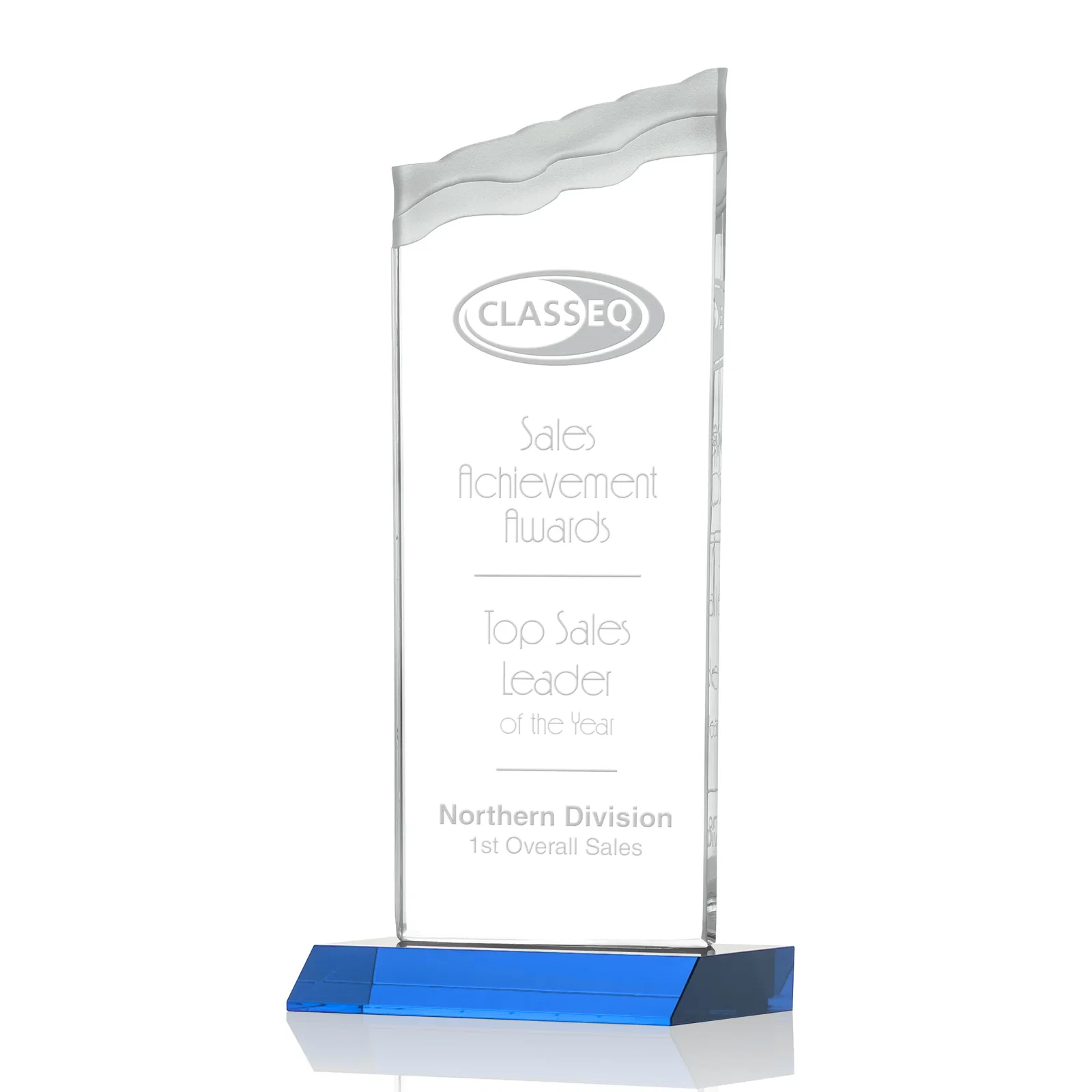 Promotional Starfire Crystal Award with Carved Waterfall Top, Black Mitered Base, awards for sales achievement awards