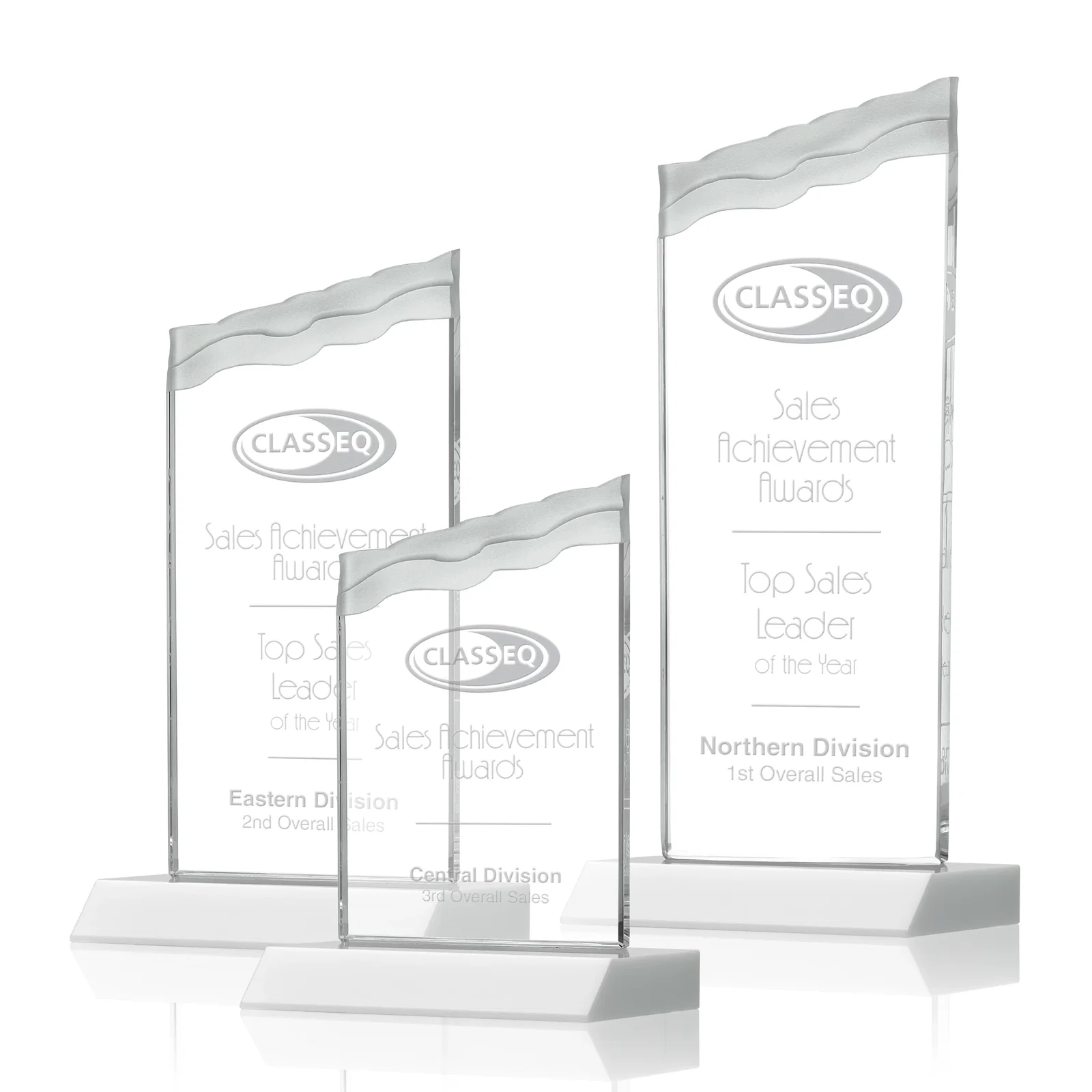 Promotional Starfire Crystal Award with Carved Waterfall Top, Black Mitered Base, awards for retirement presentations