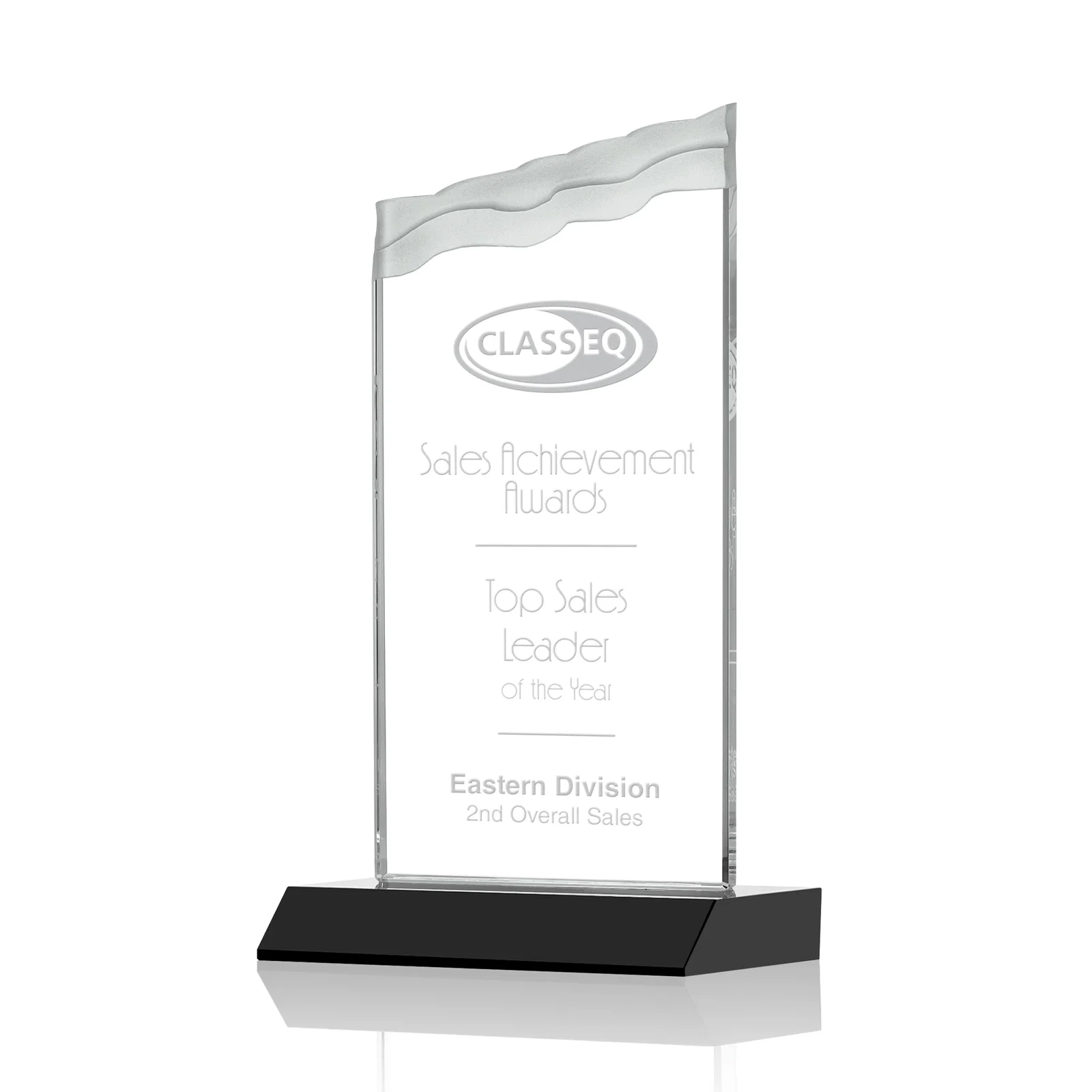 Custom Starfire Crystal Award with Carved Waterfall Top, Black Mitered Base, awards for service anniversary gifts