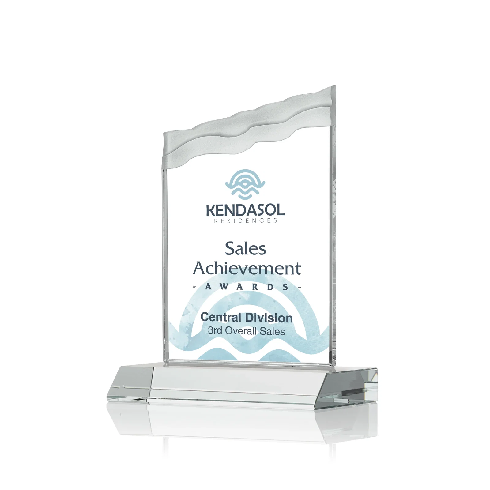 Promotional Starfire Crystal Award with Carved Waterfall Top, Black Mitered Base, awards for volunteer appreciation