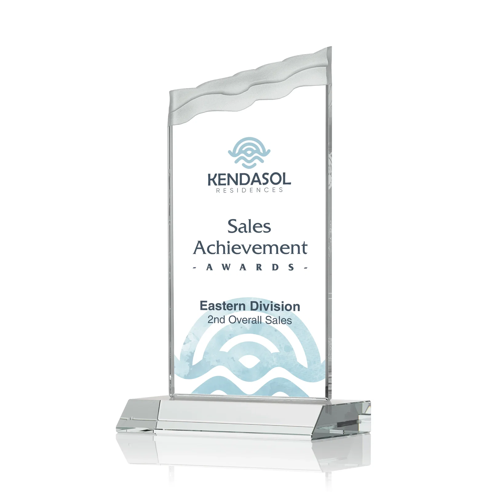 Promotional Starfire Crystal Award with Carved Waterfall Top, Black Mitered Base, awards for dealer and partner awards
