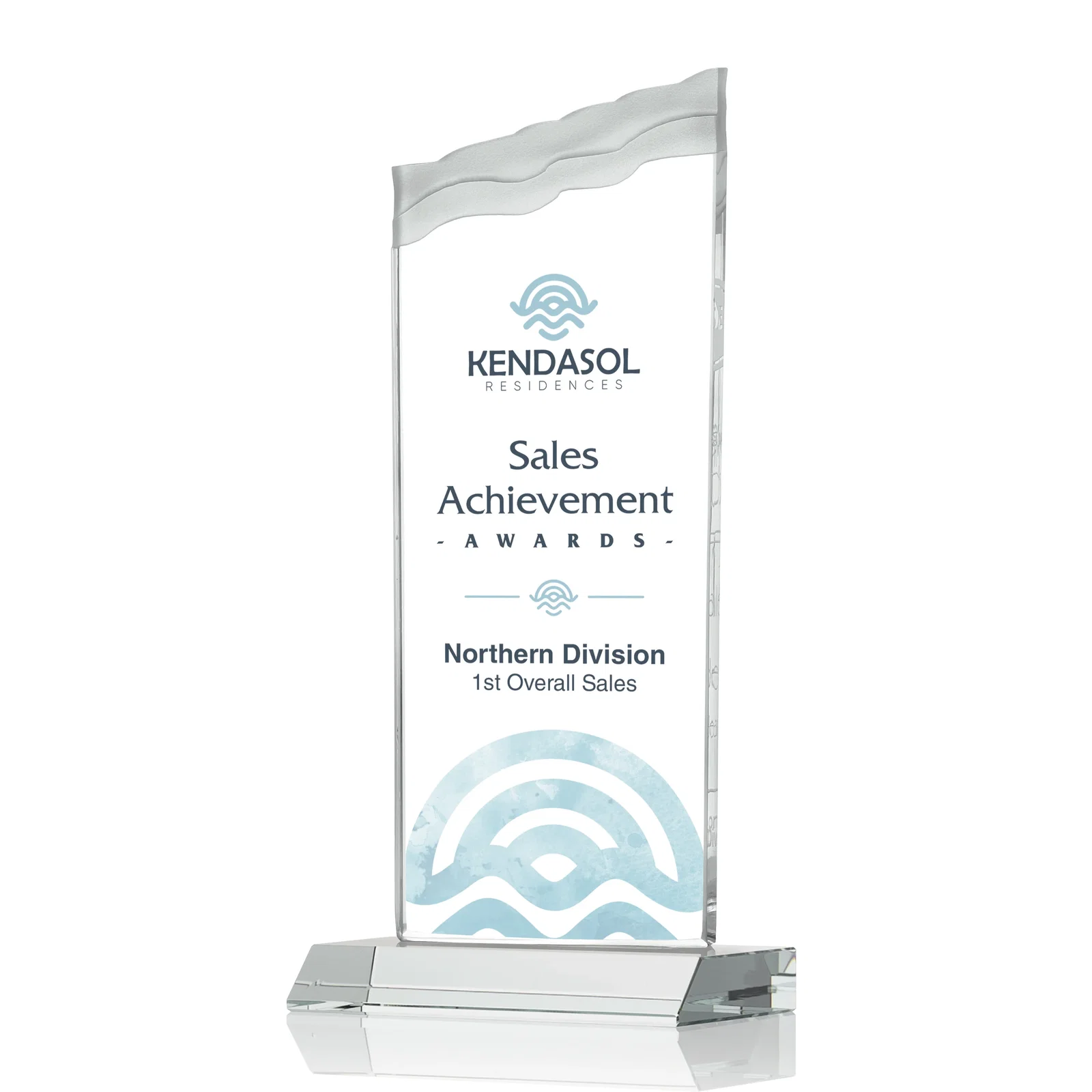 Promotional Starfire Crystal Award with Carved Waterfall Top, Black Mitered Base, awards for company anniversary events