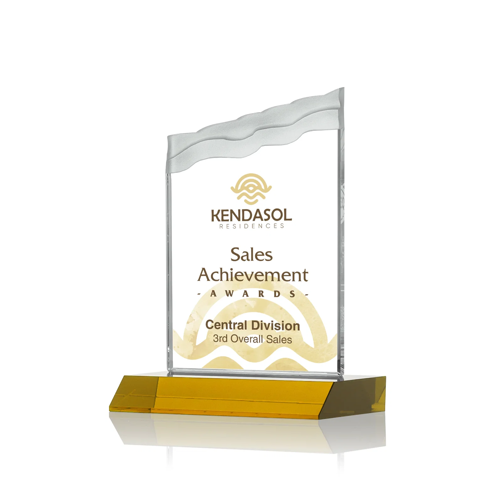 Branded Starfire Crystal Award with Carved Waterfall Top, Black Mitered Base, awards for corporate award ceremonies