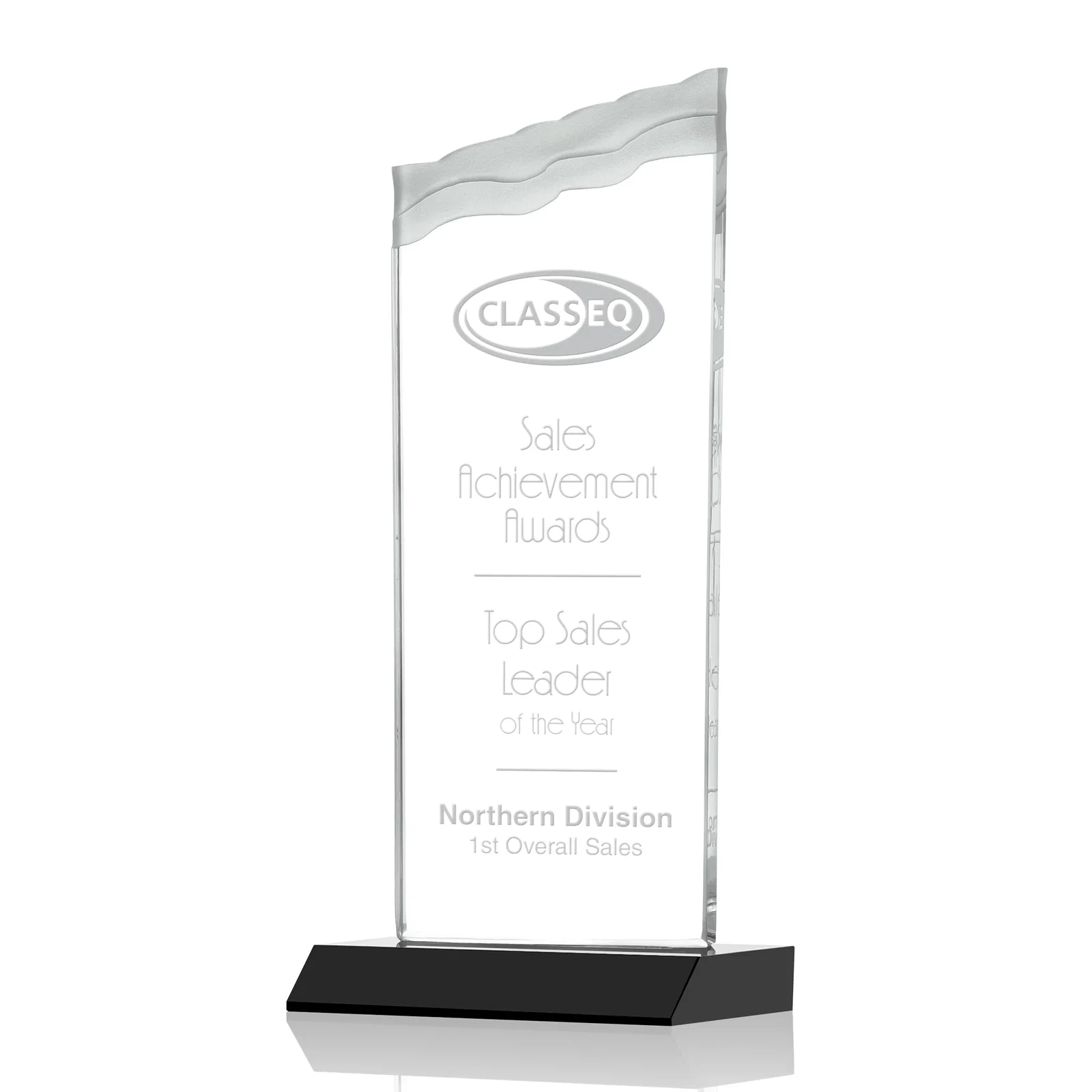 Custom Starfire Crystal Award with Carved Waterfall Top, Black Mitered Base, awards for sales achievement awards